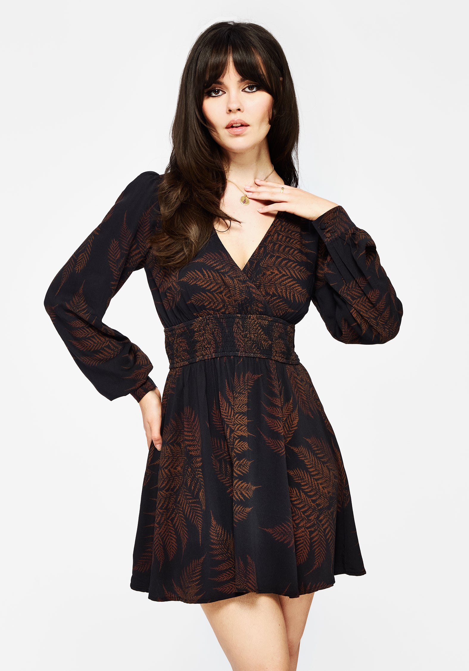 Brown Mini Dress with Fern Print & V-Neck | Ruin Fern