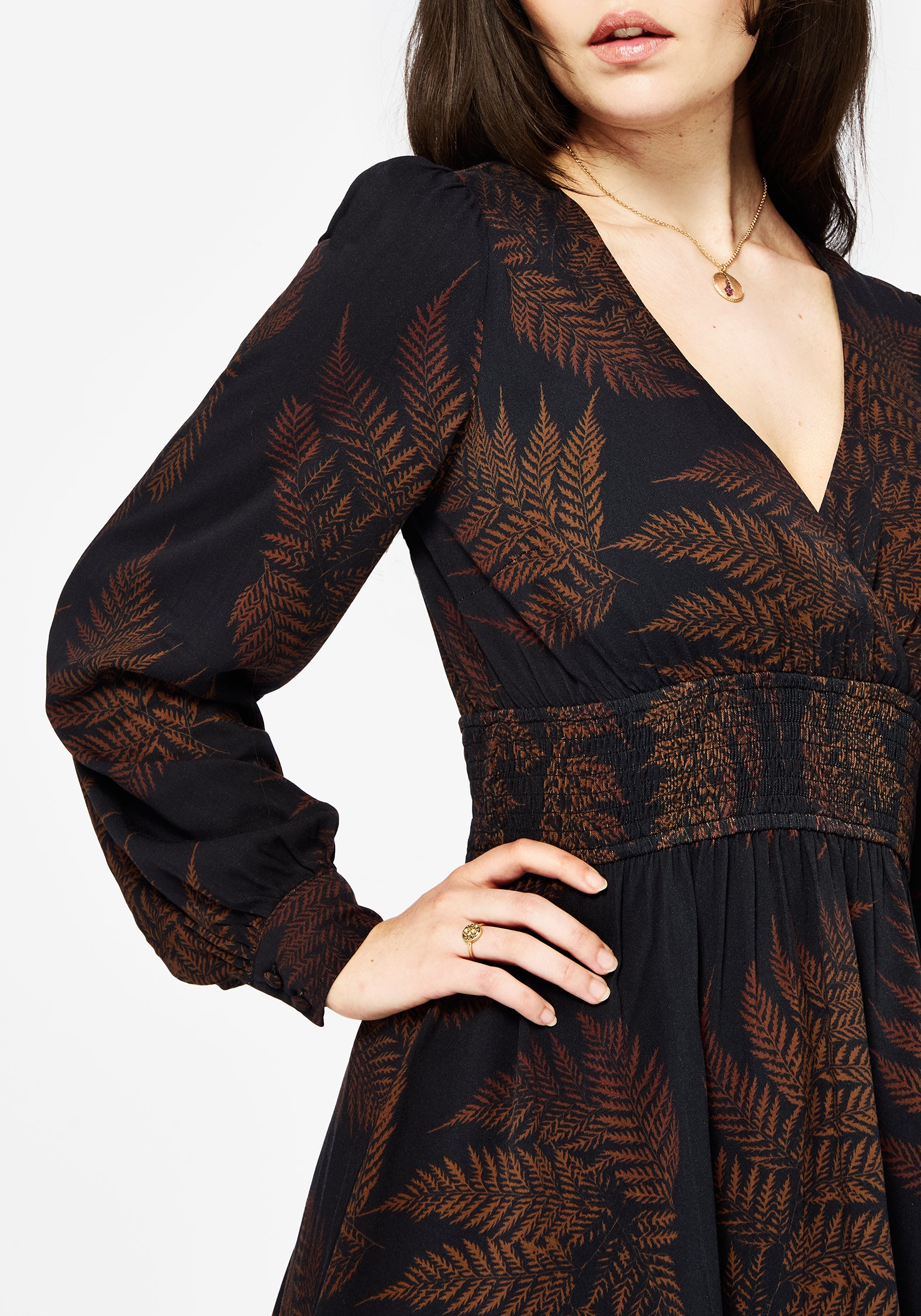 Brown Mini Dress with Fern Print & V-Neck | Ruin Fern
