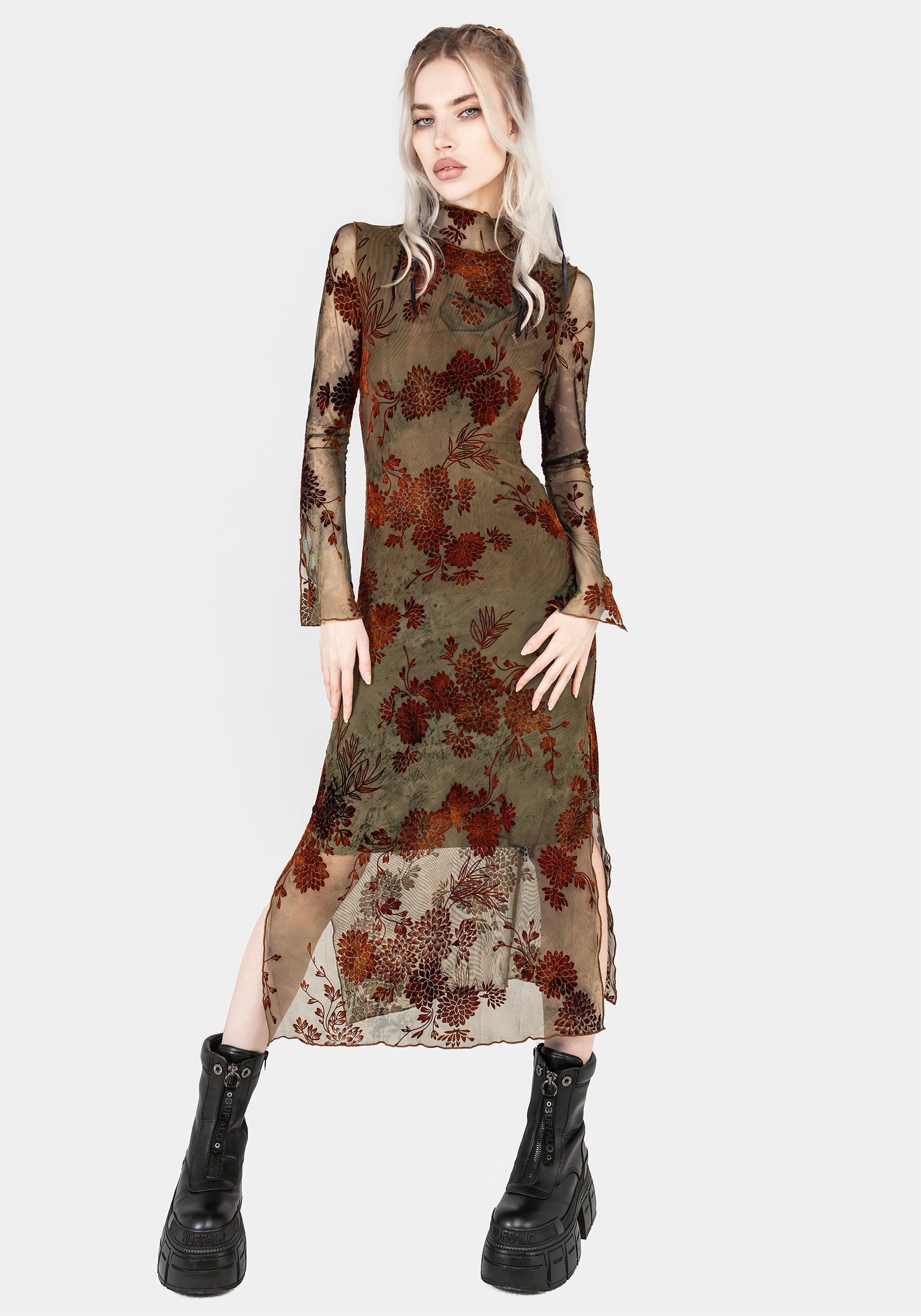 Green Mesh Bodycon Midi Dress with Velour Flocking | Rosaleigh