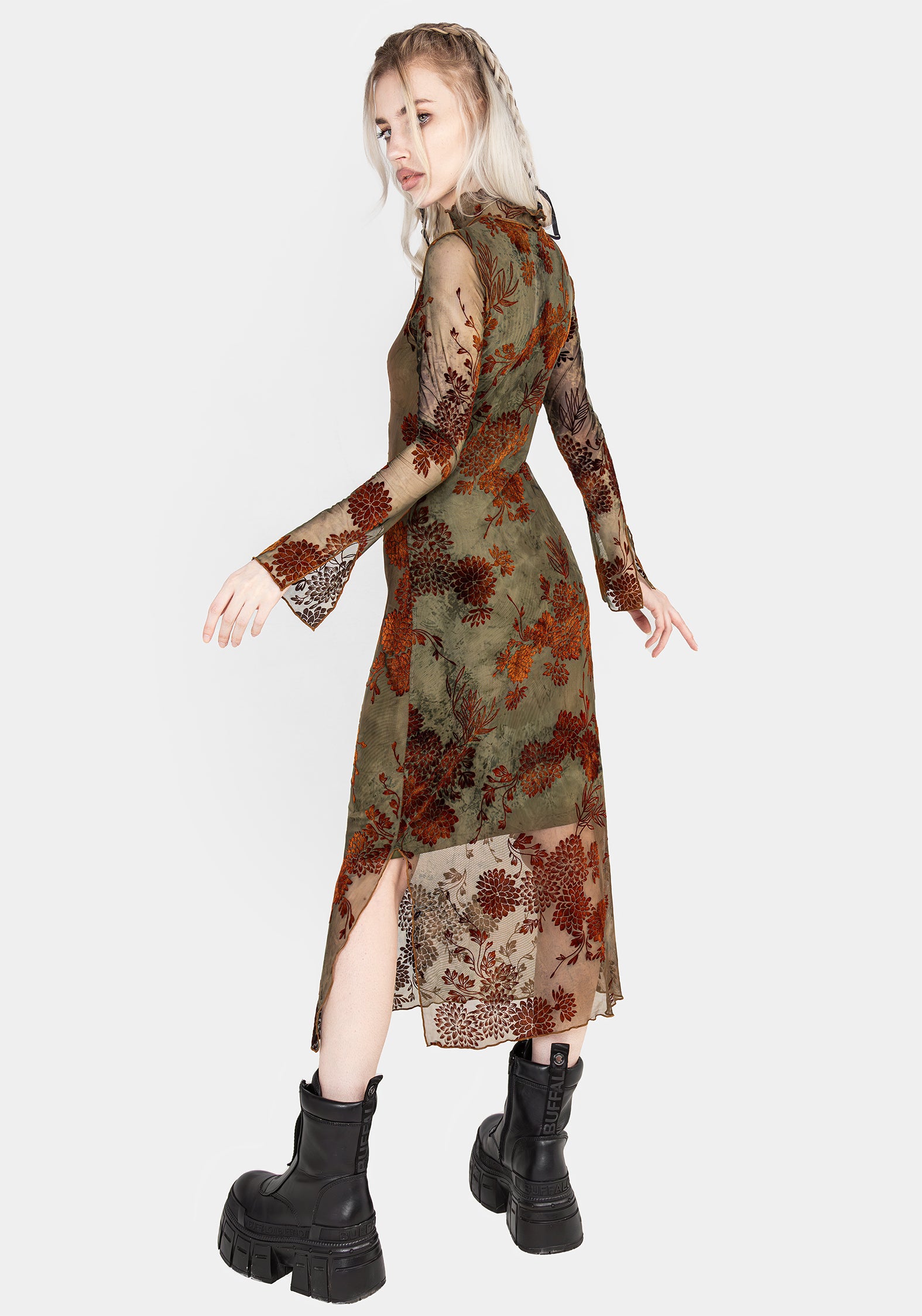 Green Mesh Bodycon Midi Dress with Velour Flocking | Rosaleigh