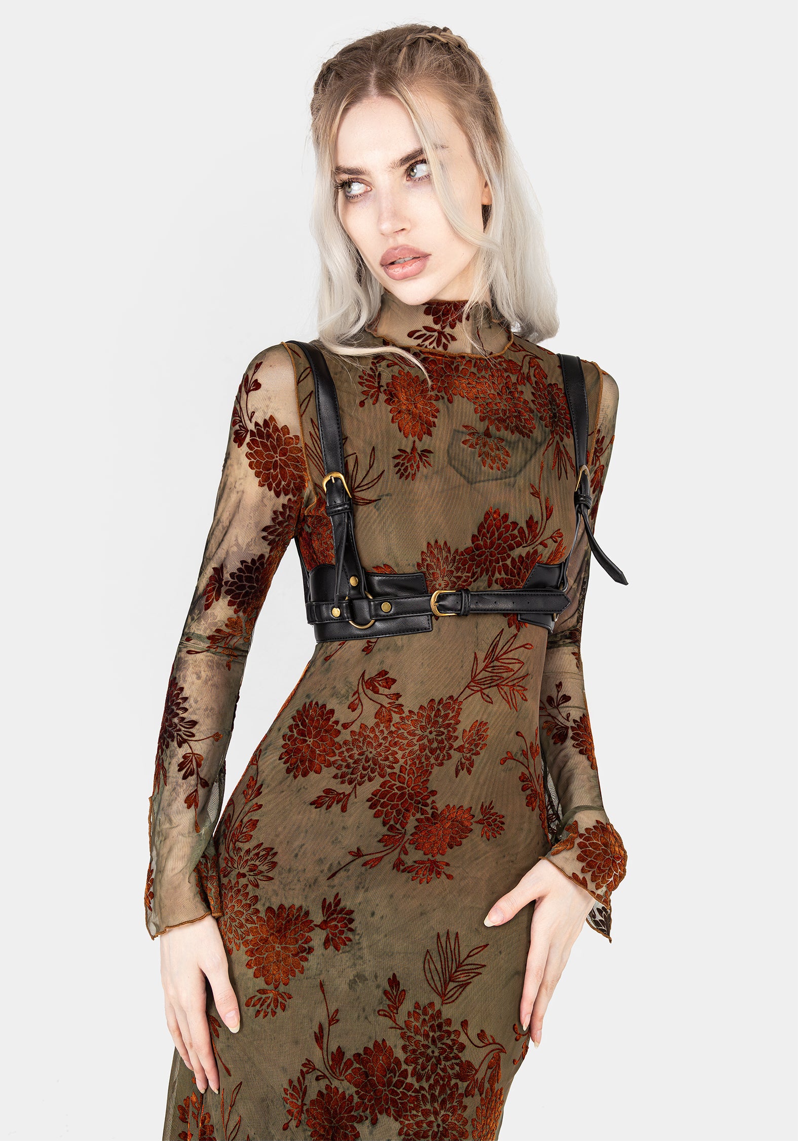 Green Mesh Bodycon Midi Dress with Velour Flocking | Rosaleigh
