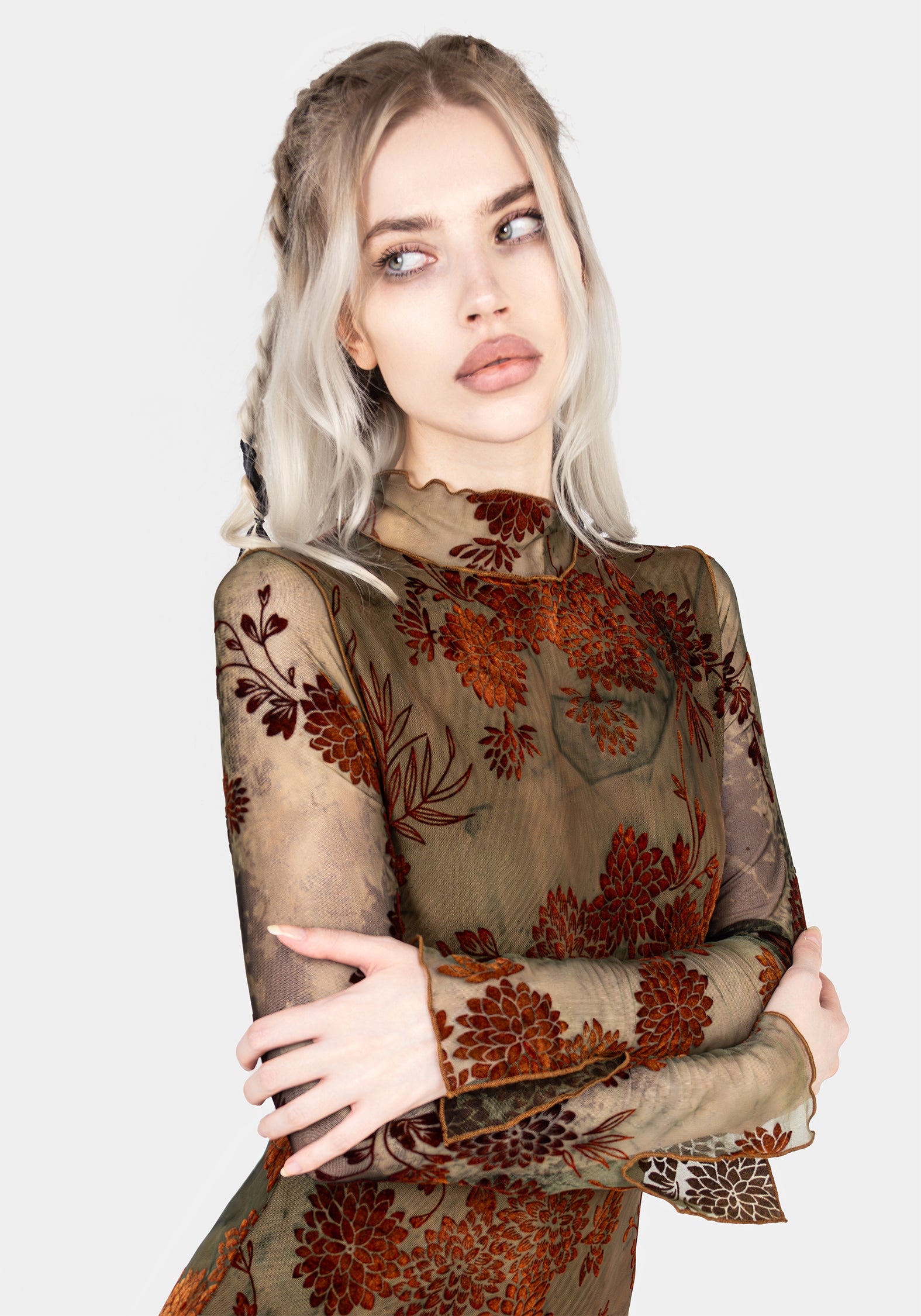 Green Mesh Bodycon Midi Dress with Velour Flocking | Rosaleigh