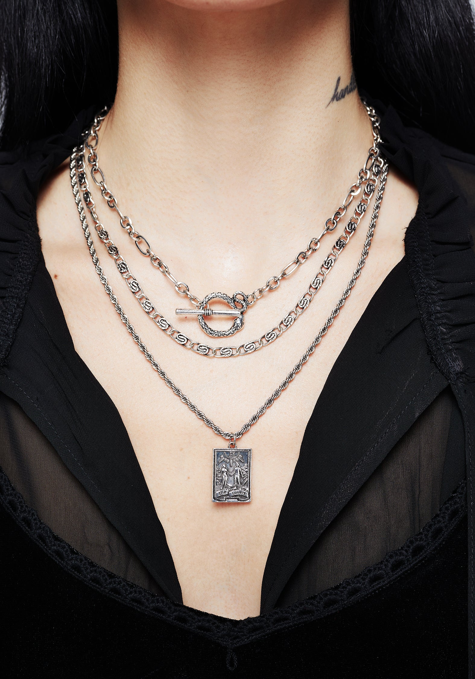 Lovers Tarot Layered Necklace with Multichain Design | Silver Mystical Jewelry