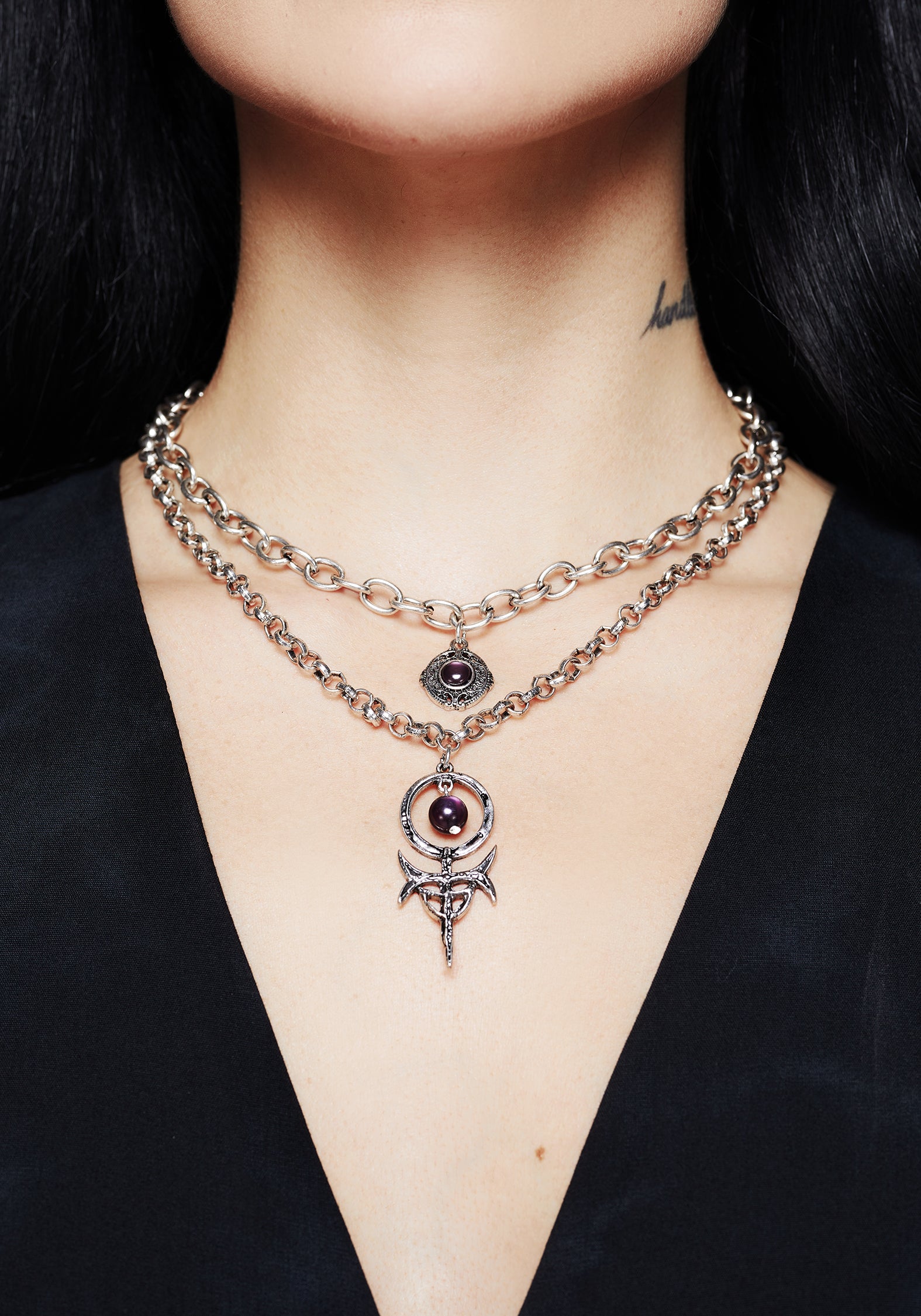 Layered Multichain Necklace with Purple Gems & Occult Pendants | Manea