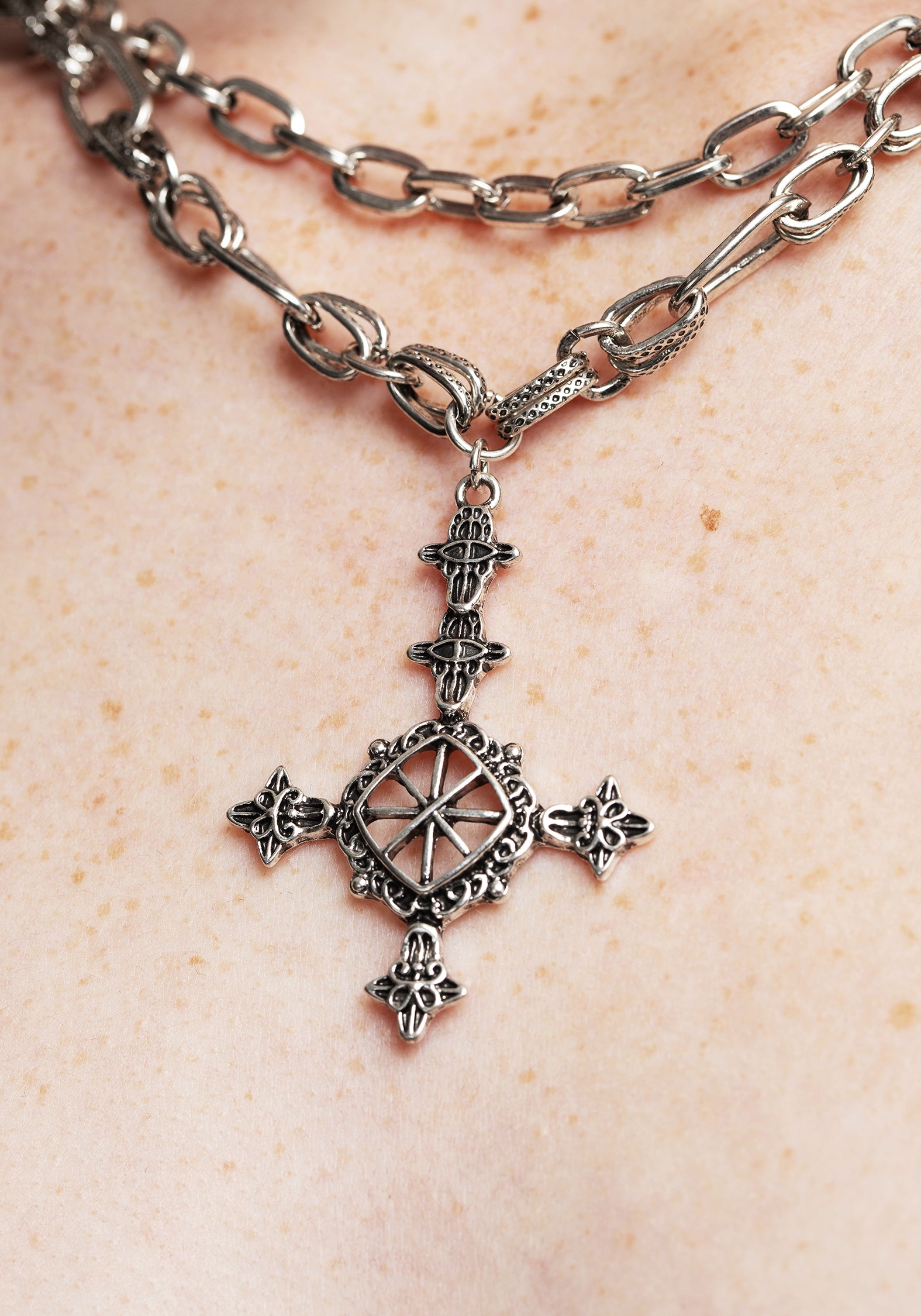 Layered Cross Necklace in Silver with Adjustable Chains | Ciara