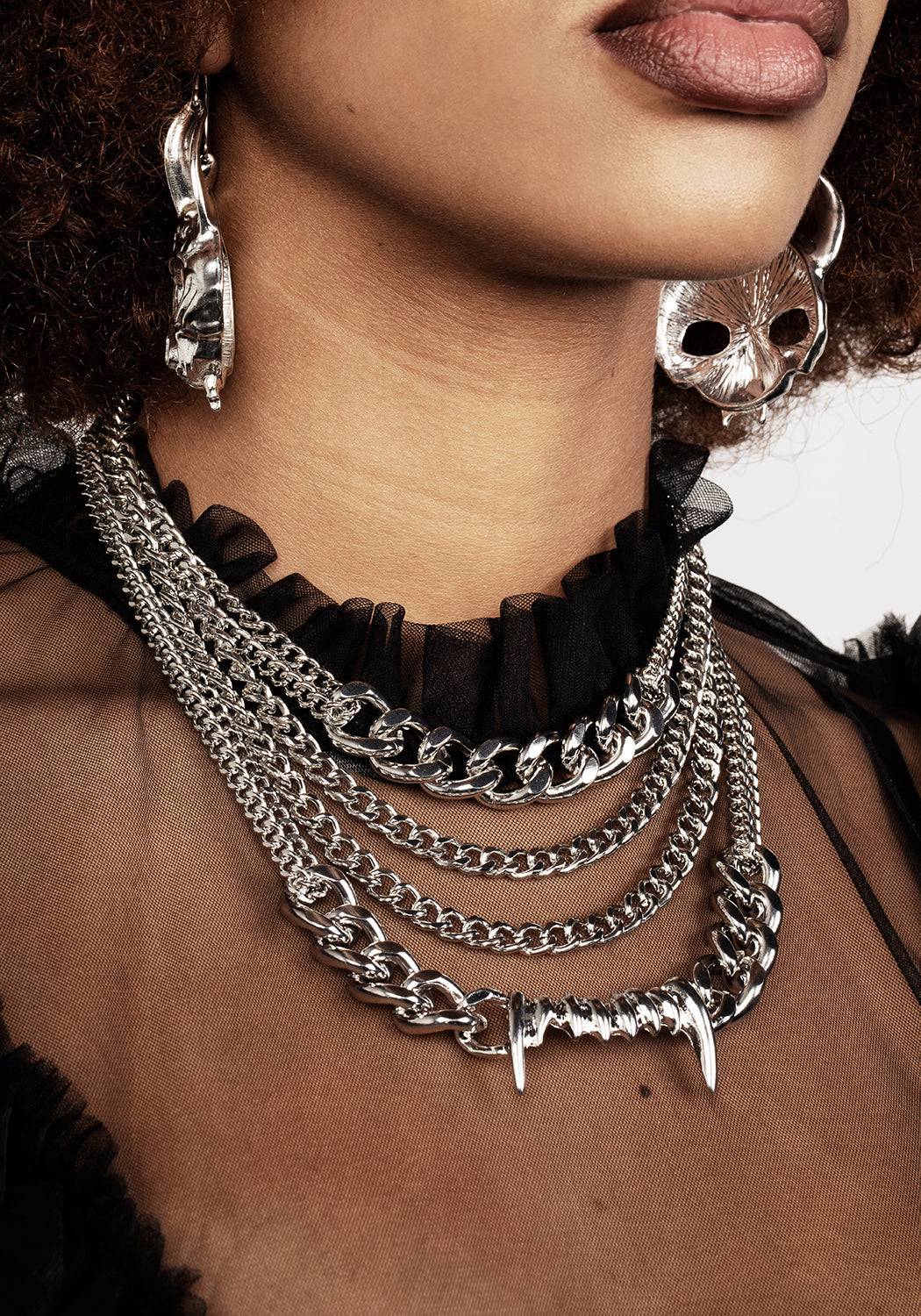 Vampire Teeth Multichain Necklace in Silver | Chunky Layered Statement Jewelry