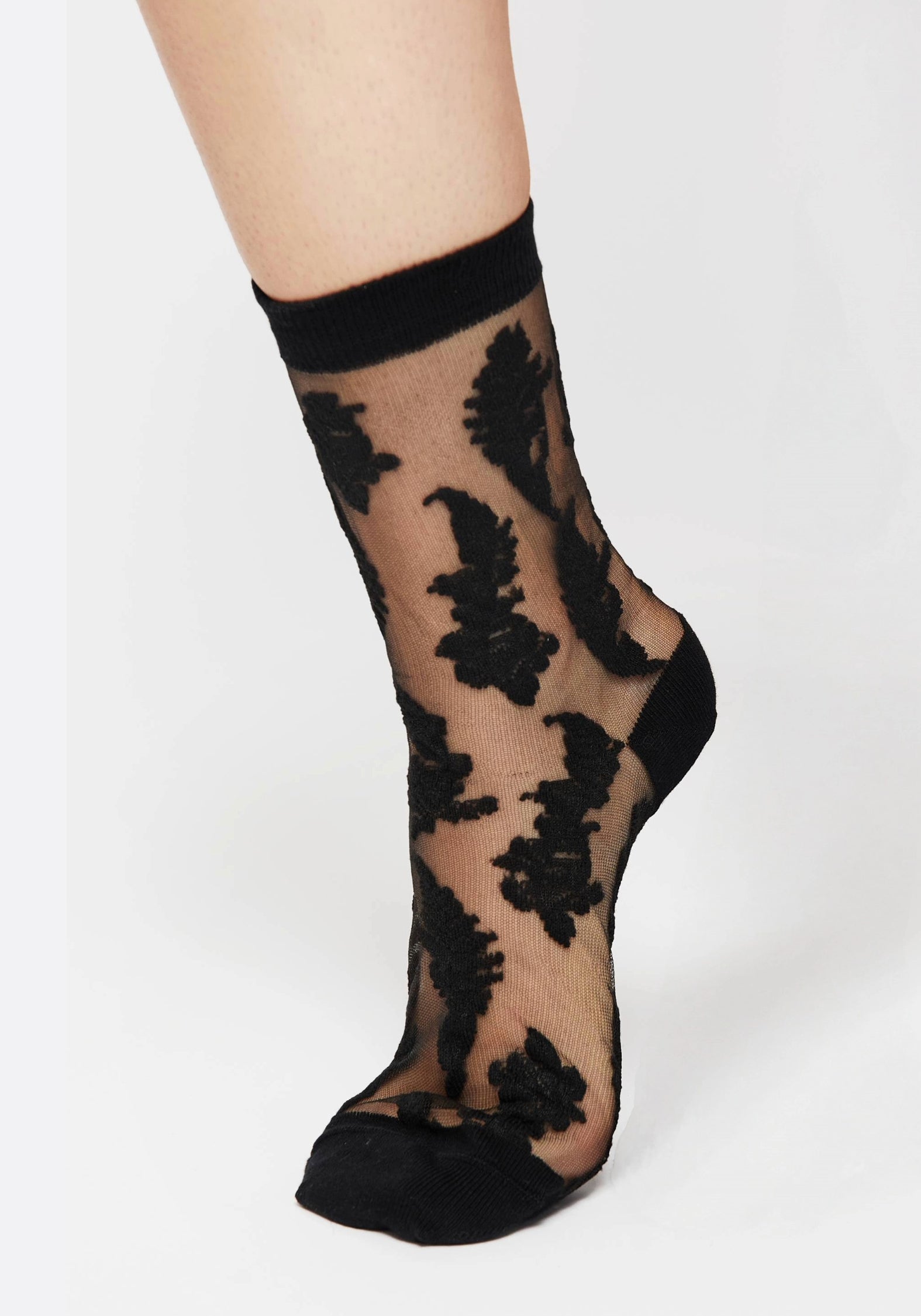 Black Embroidered Lace Socks with Fern Design | Esoteric