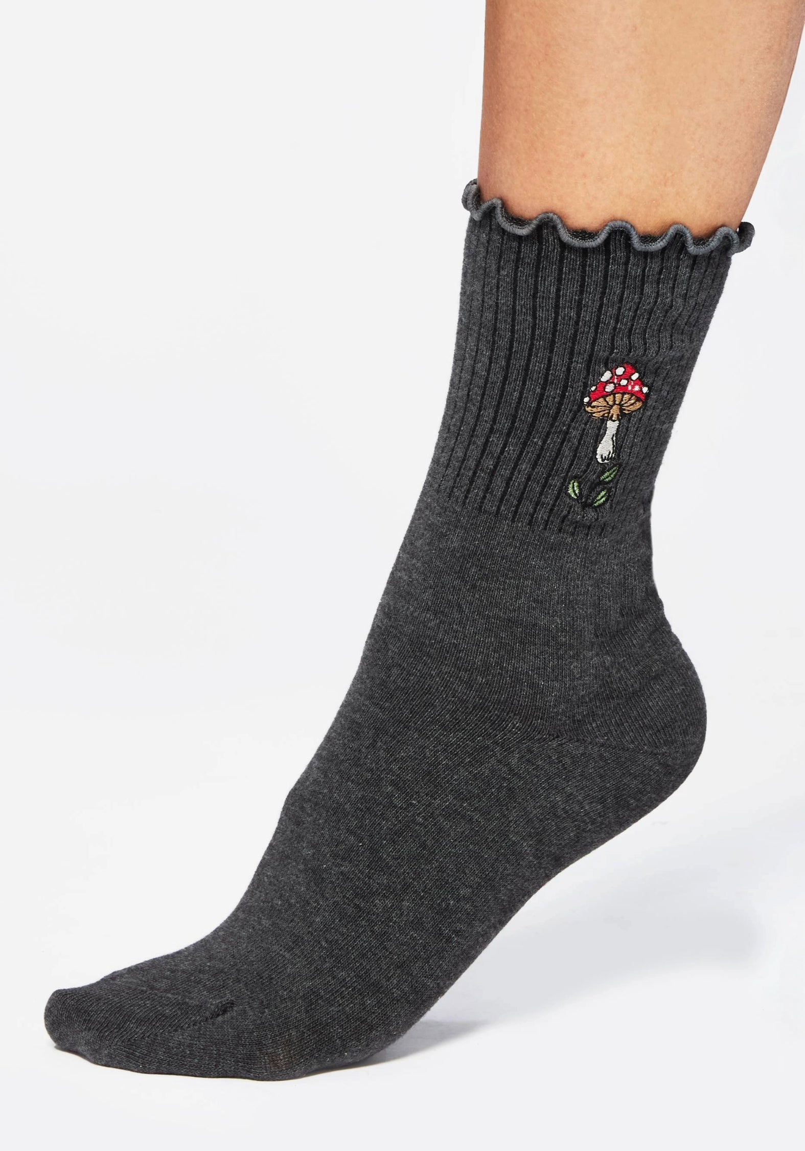 Embroidered Mushroom Socks | Grey Cotton Blend for Casual Wear