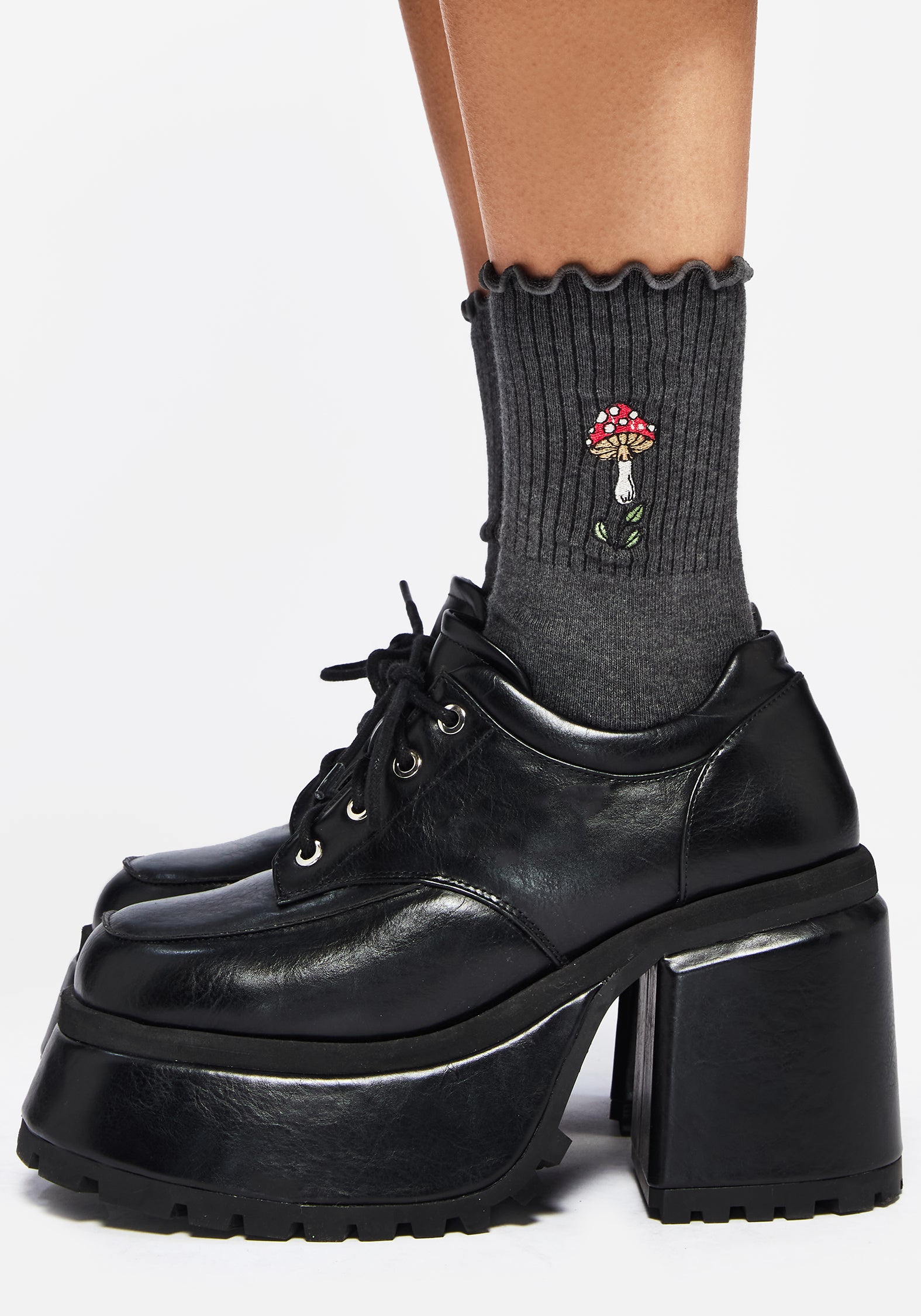 Embroidered Mushroom Socks | Grey Cotton Blend for Casual Wear