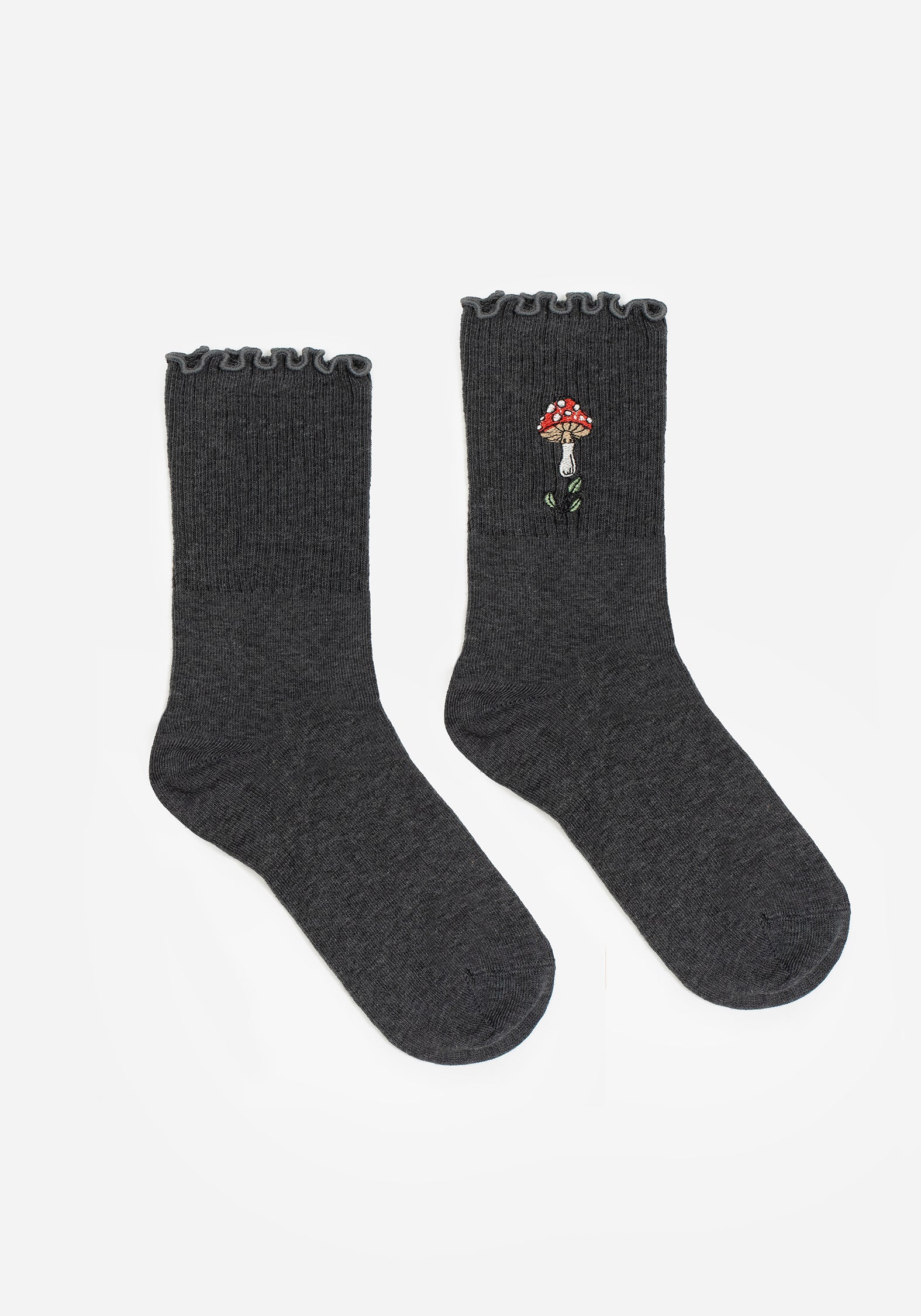 Embroidered Mushroom Socks | Grey Cotton Blend for Casual Wear