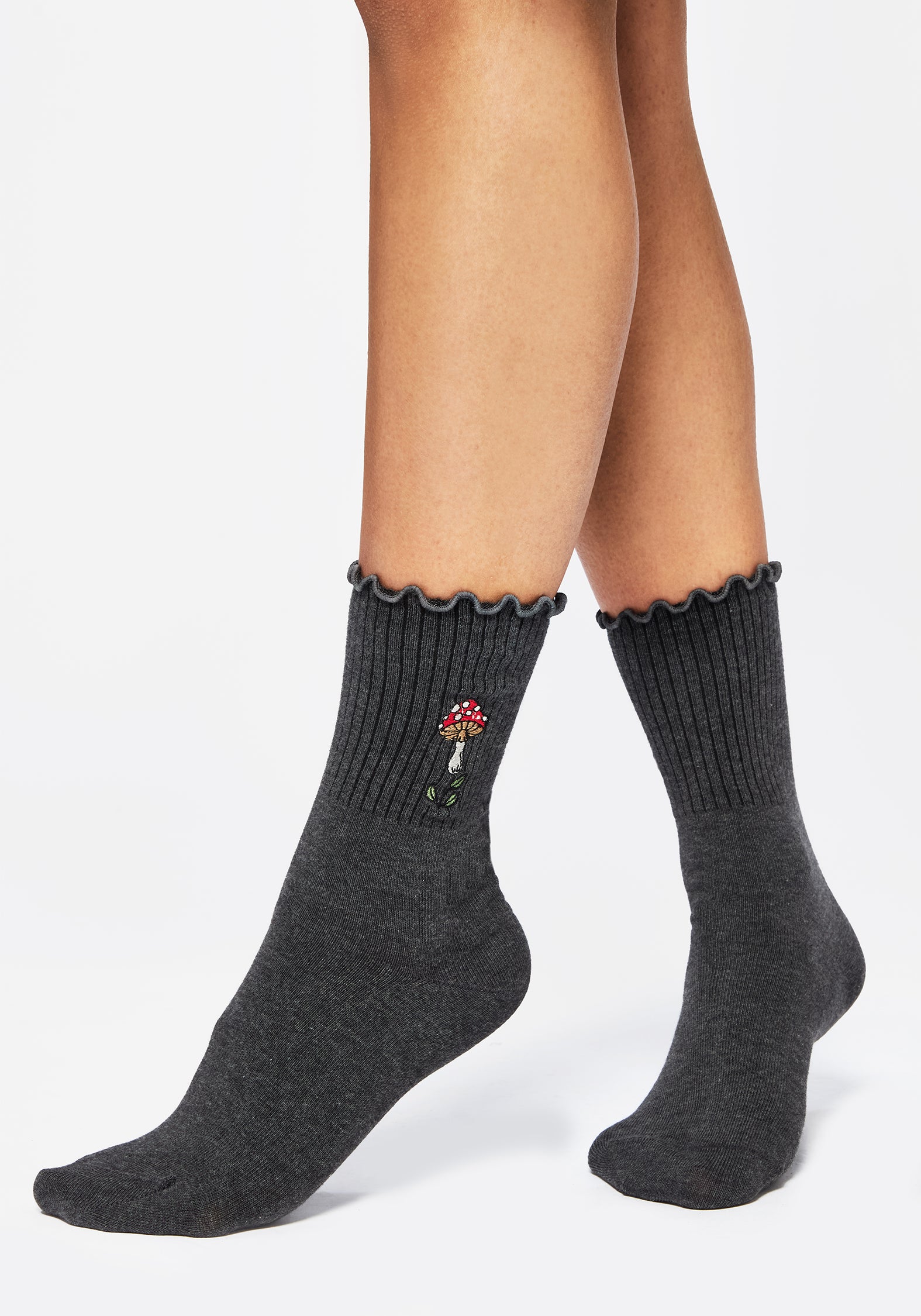 Embroidered Mushroom Socks | Grey Cotton Blend for Casual Wear