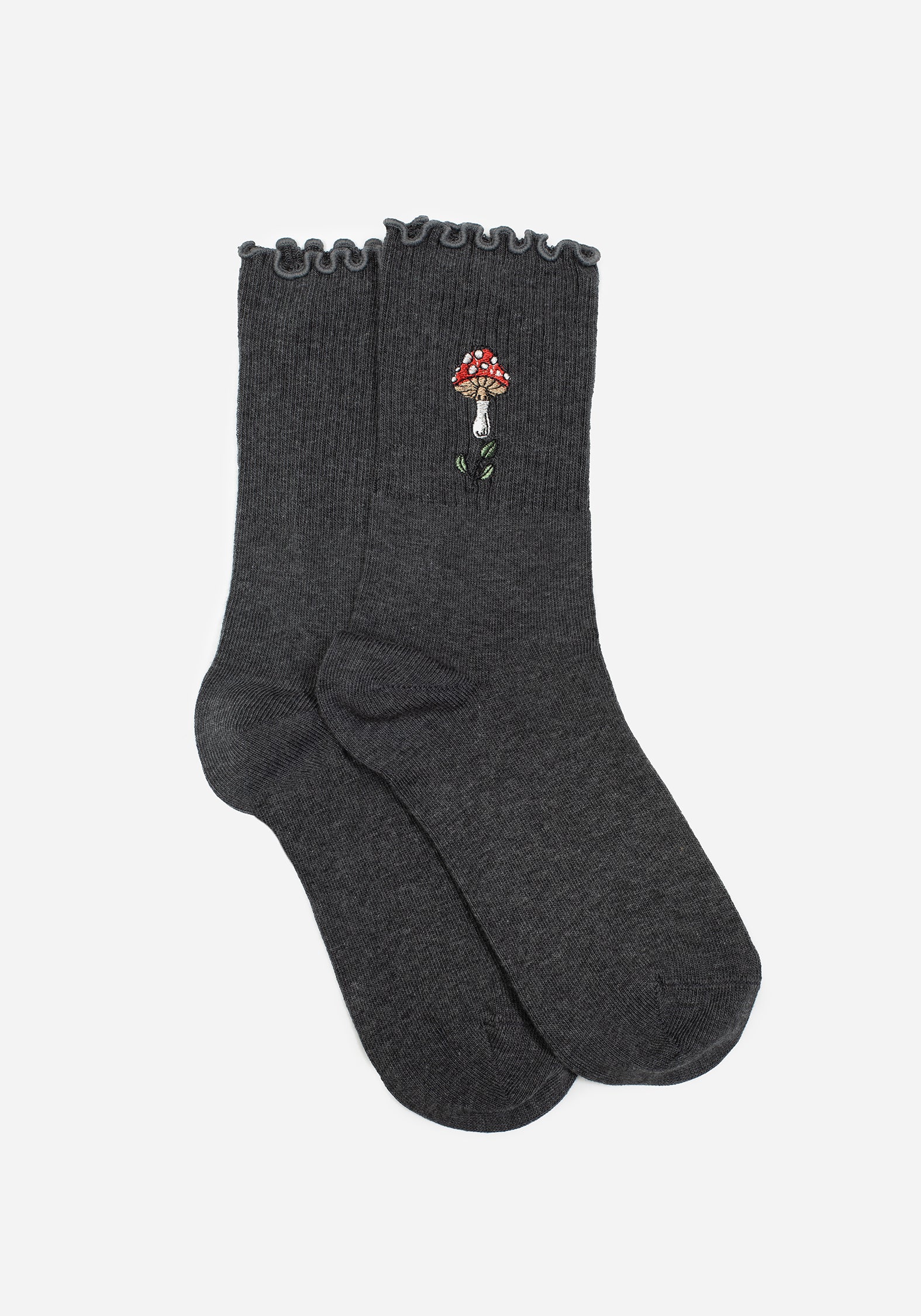 Embroidered Mushroom Socks | Grey Cotton Blend for Casual Wear