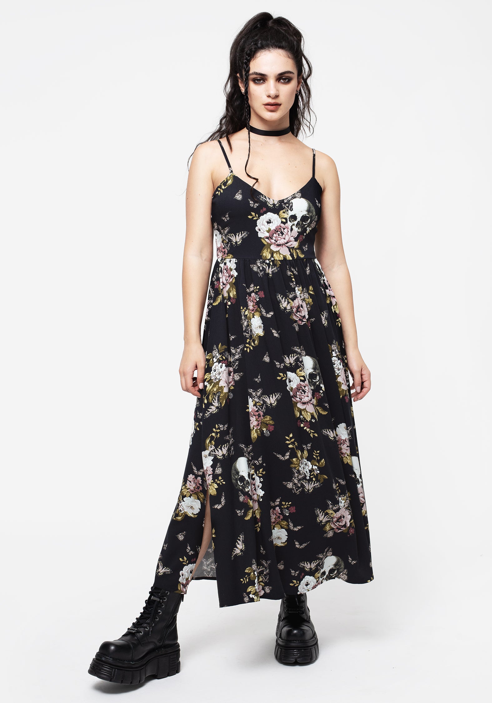 Black Floral Cami Midaxi Dress with Side Splits | Revival Floral