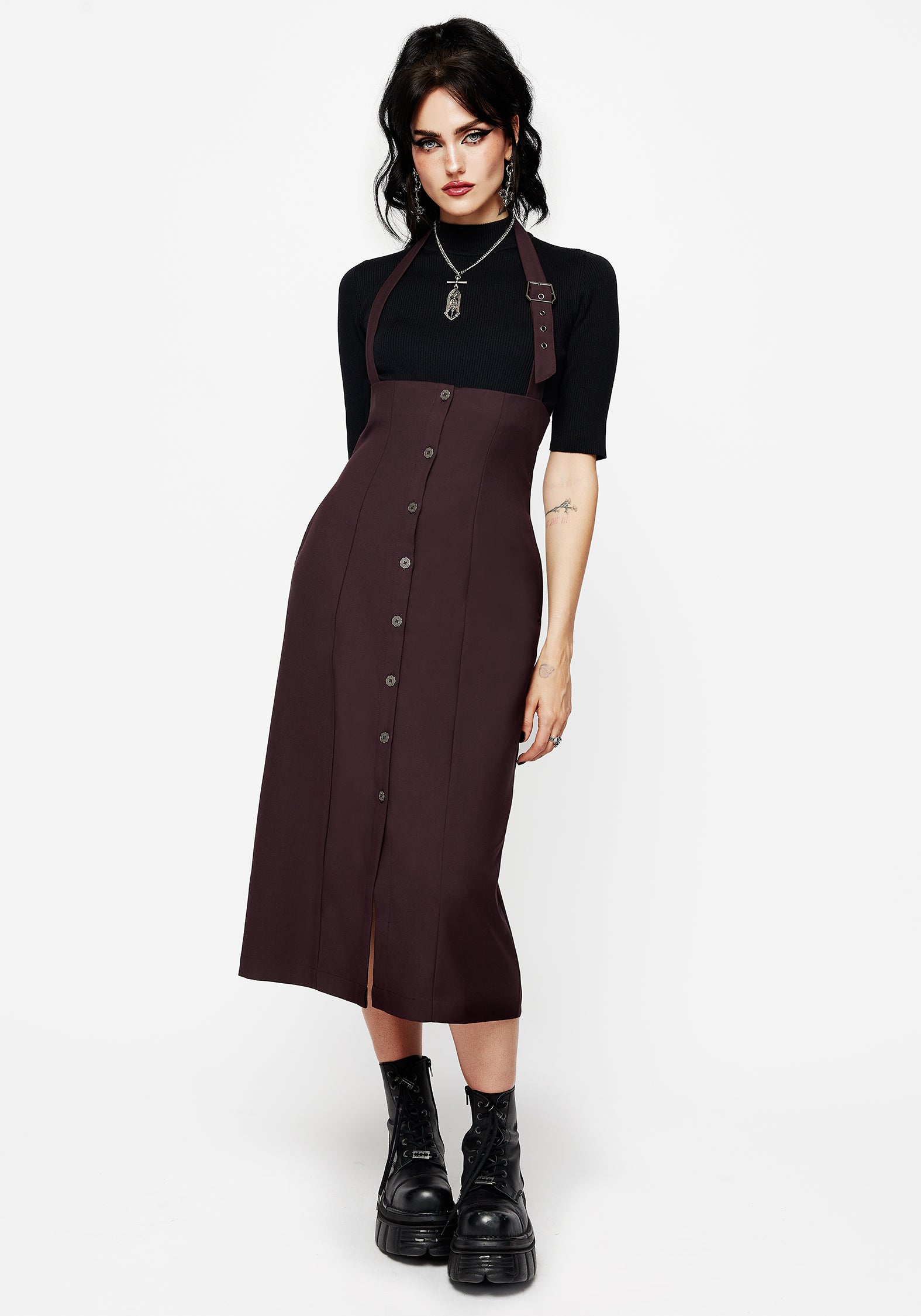 Halter Neck Pinafore Midi Dress with Adjustable Straps & Button Front | Purple