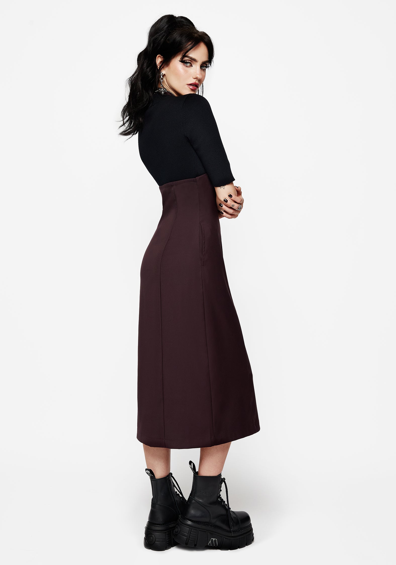 Halter Neck Pinafore Midi Dress with Adjustable Straps & Button Front | Purple
