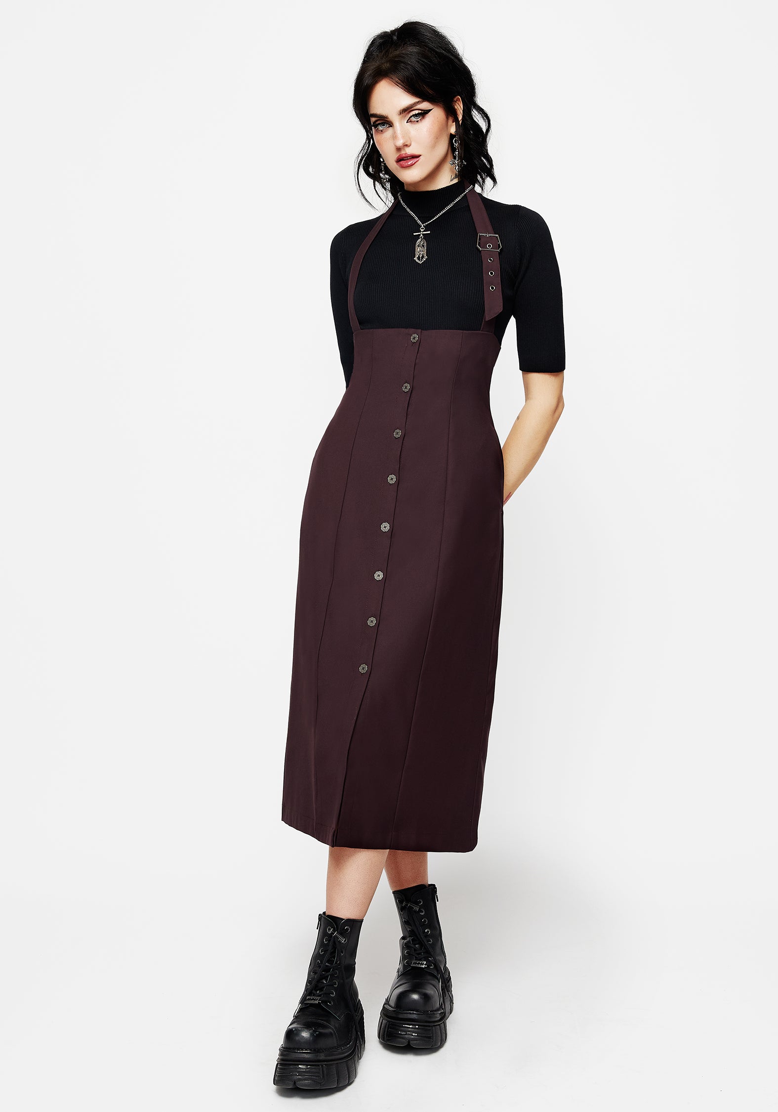 Halter Neck Pinafore Midi Dress with Adjustable Straps & Button Front | Purple