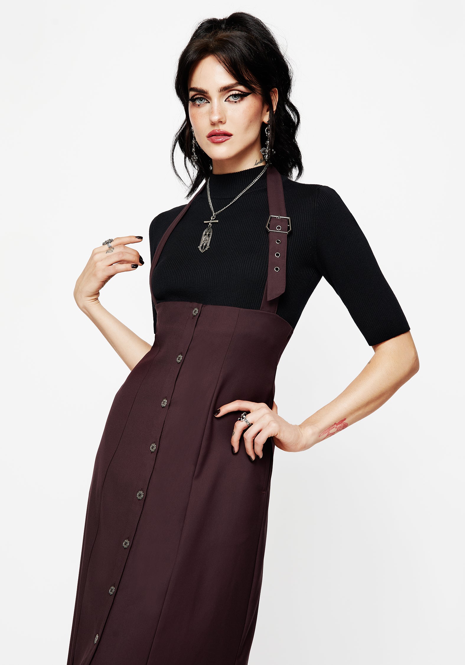 Halter Neck Pinafore Midi Dress with Adjustable Straps & Button Front | Purple
