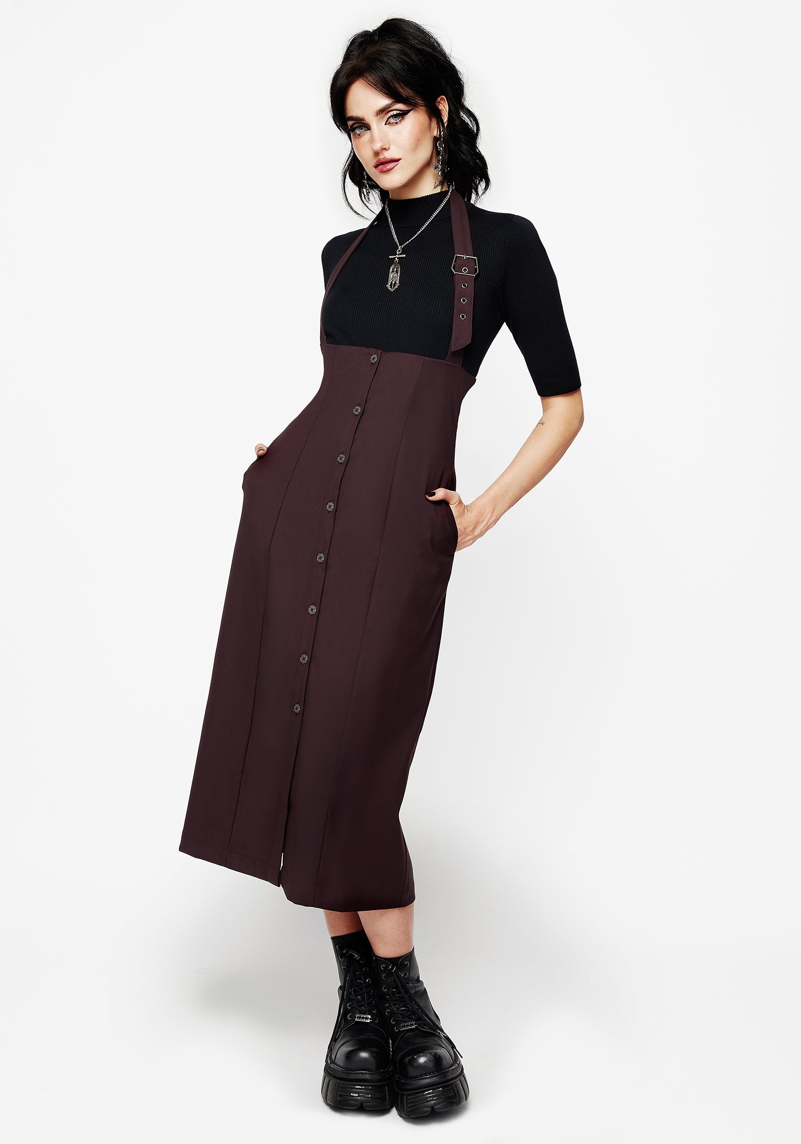 Halter Neck Pinafore Midi Dress with Adjustable Straps & Button Front | Purple