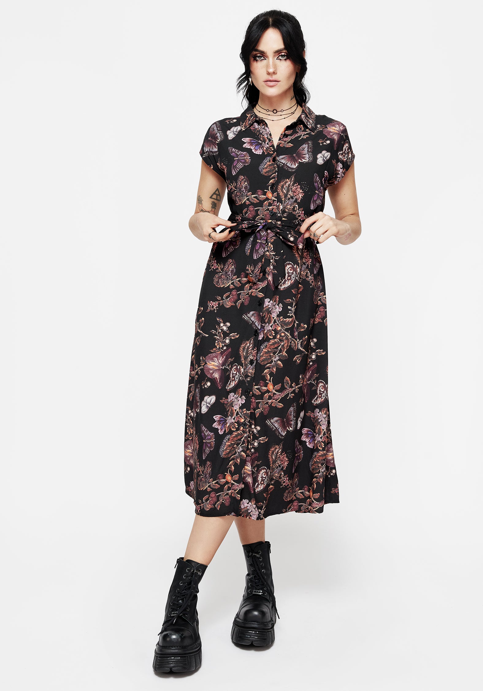 Floral Butterfly Print Midi Dress with Button Front | Eloise