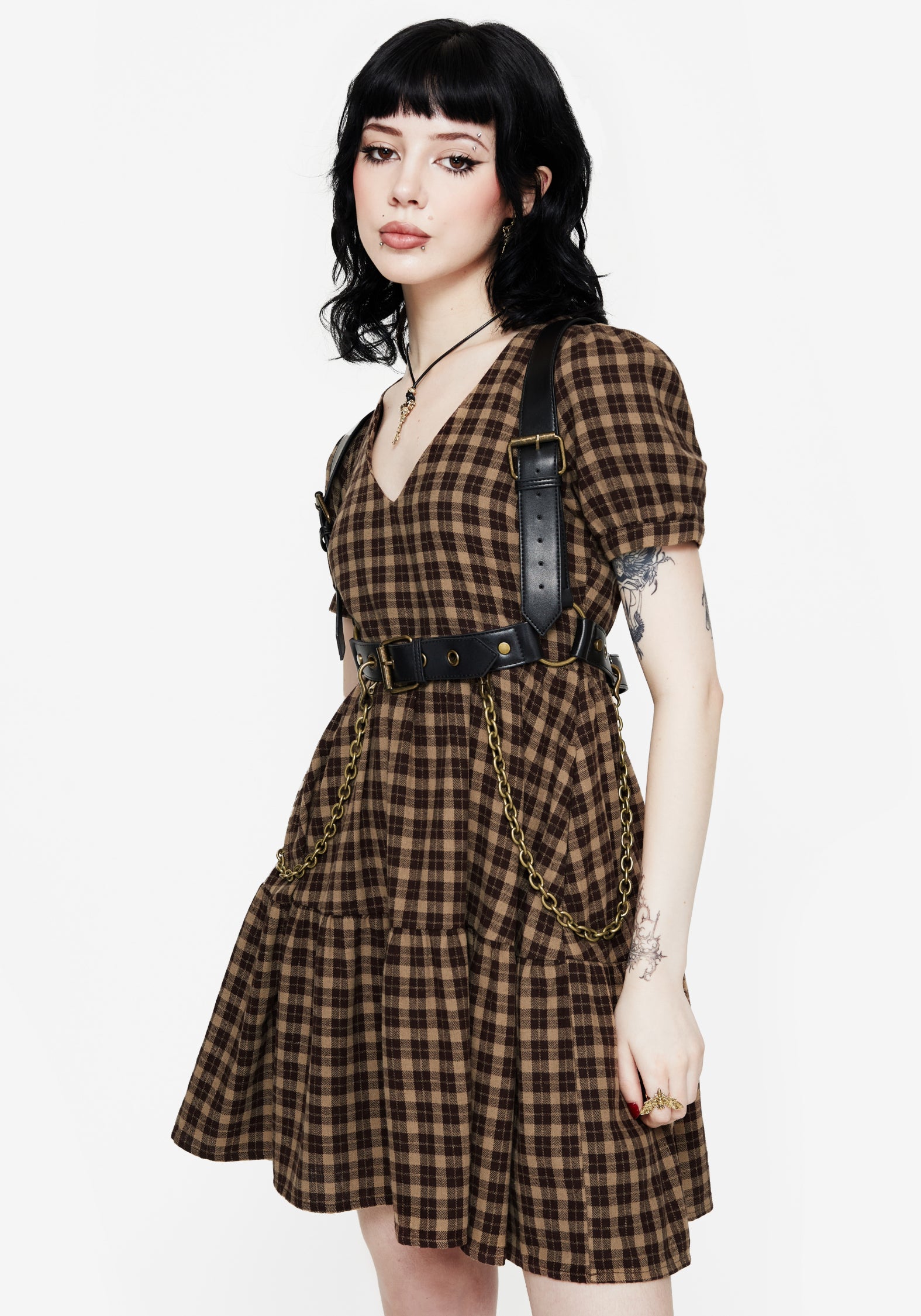 Brown Check Mini Smock Dress with V-Neck & Puff Sleeves | Terra Cotton