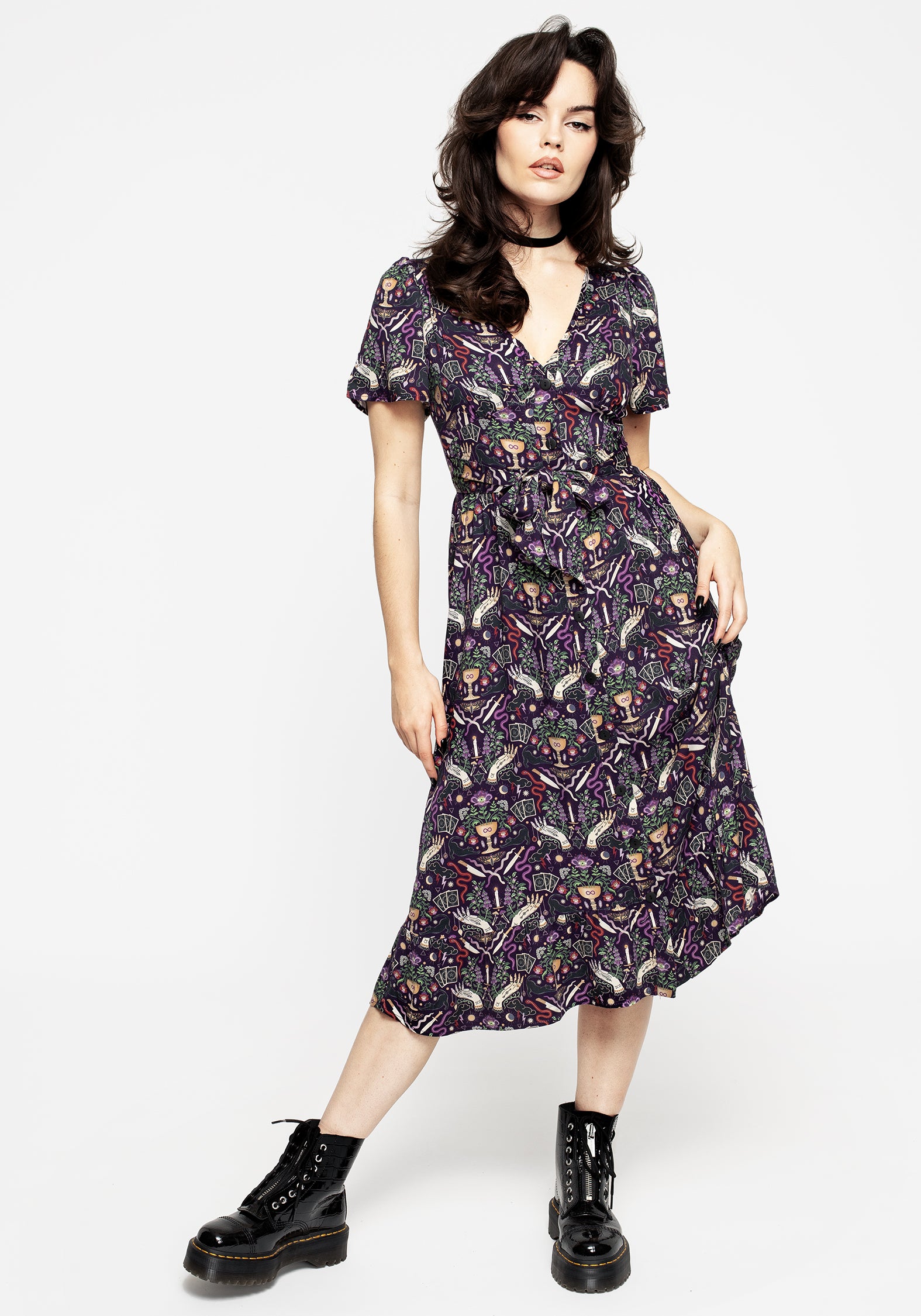 Purple Printed Button-Up Midi Dress with Waist Ties | Modern Mystic