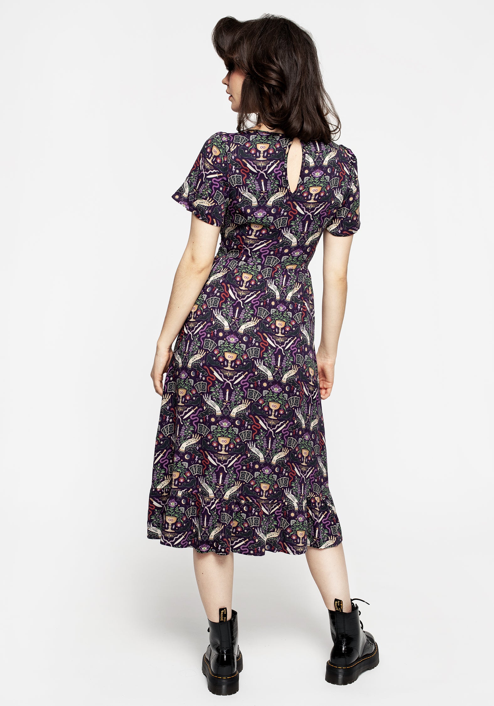 Purple Printed Button-Up Midi Dress with Waist Ties | Modern Mystic