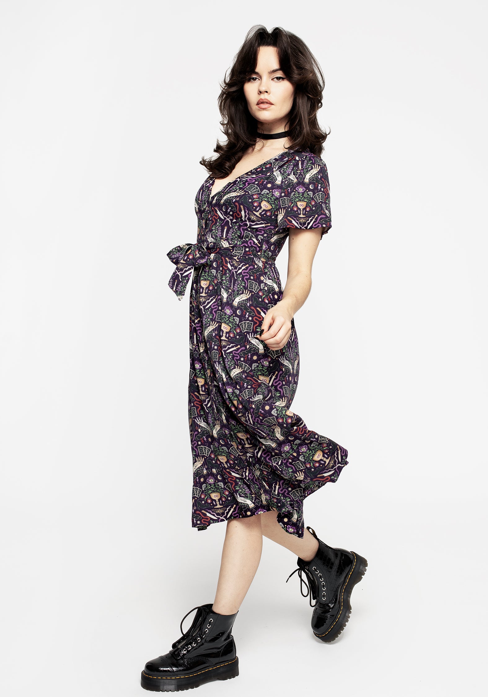 Purple Printed Button-Up Midi Dress with Waist Ties | Modern Mystic