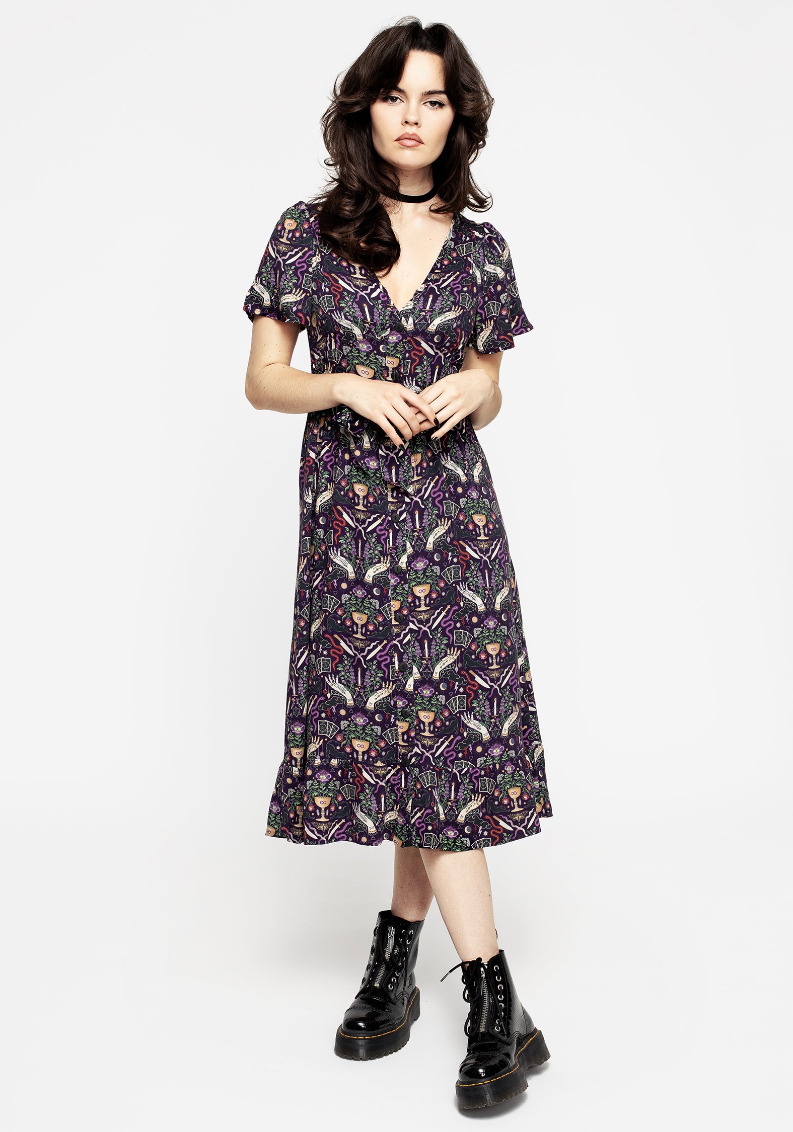 Purple Printed Button-Up Midi Dress with Waist Ties | Modern Mystic