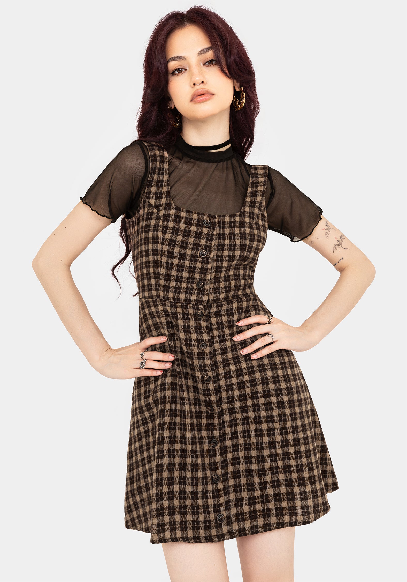 Brown Check Sleeveless Mini Dress with Pockets | Terra Cotton