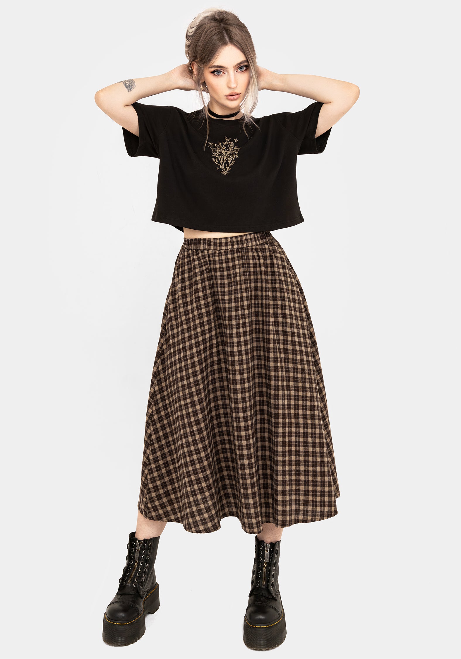 Brown Check Midi Skirt with Elastic Waist & Pockets | Terra Cotton