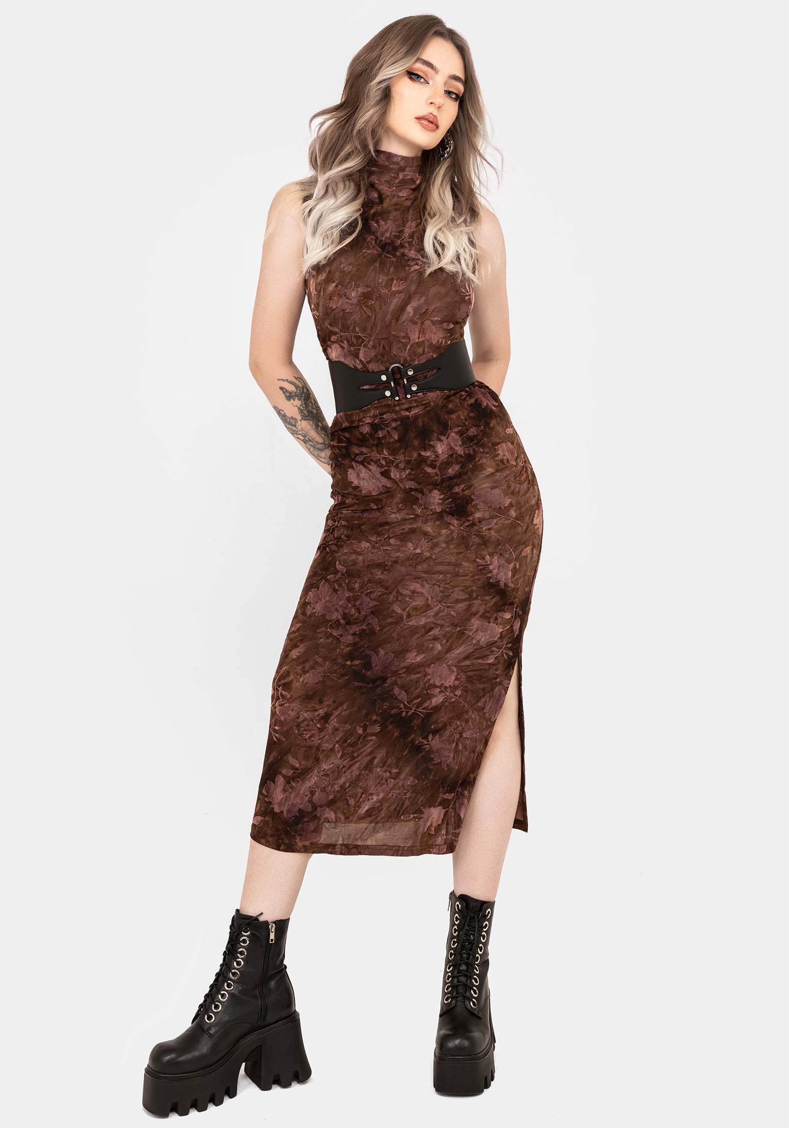 Floral Midaxi Dress with High Neck & Ruching | Serenade