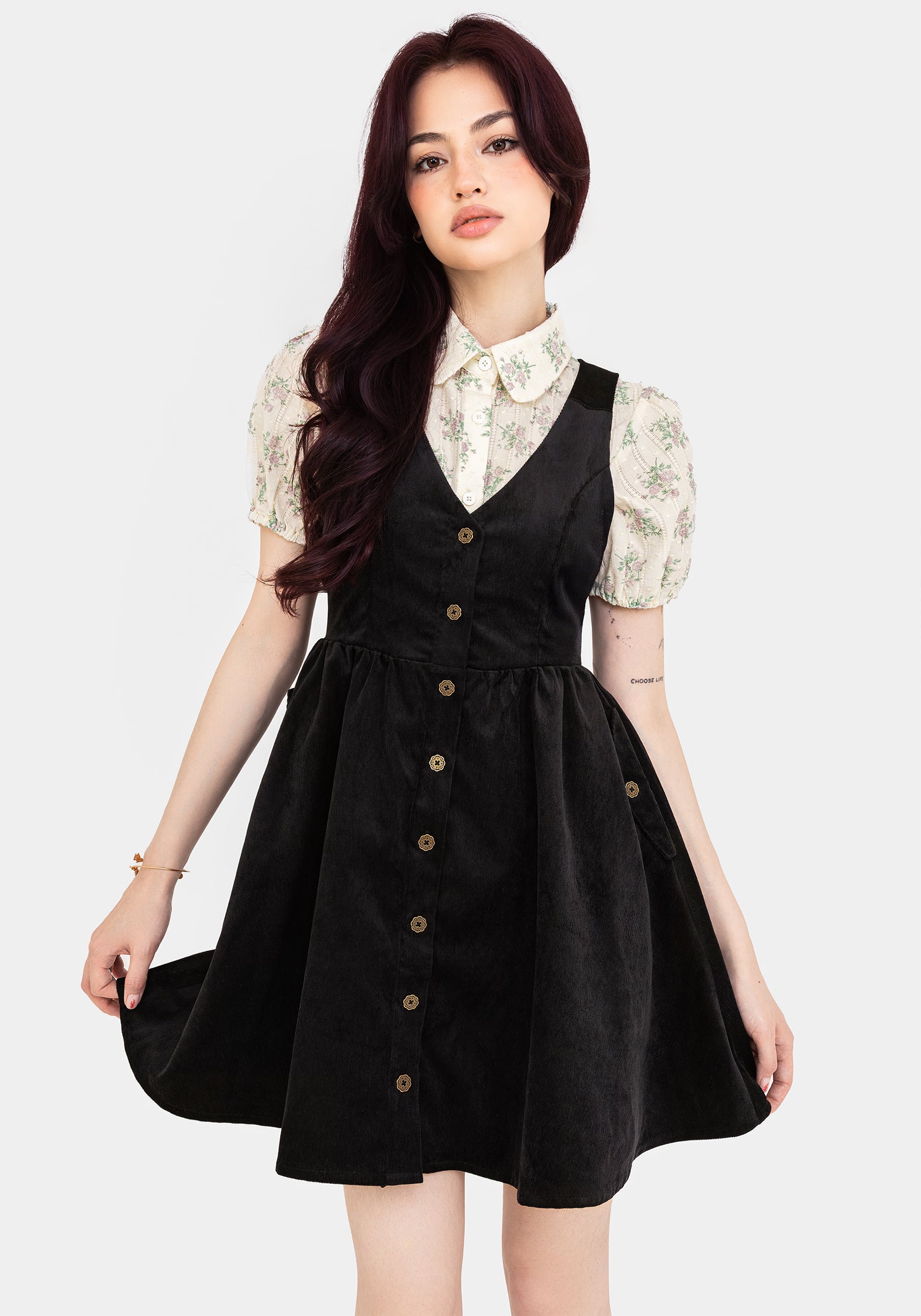 Black Mini Pinafore Dress with Button Front & Pockets | Iris