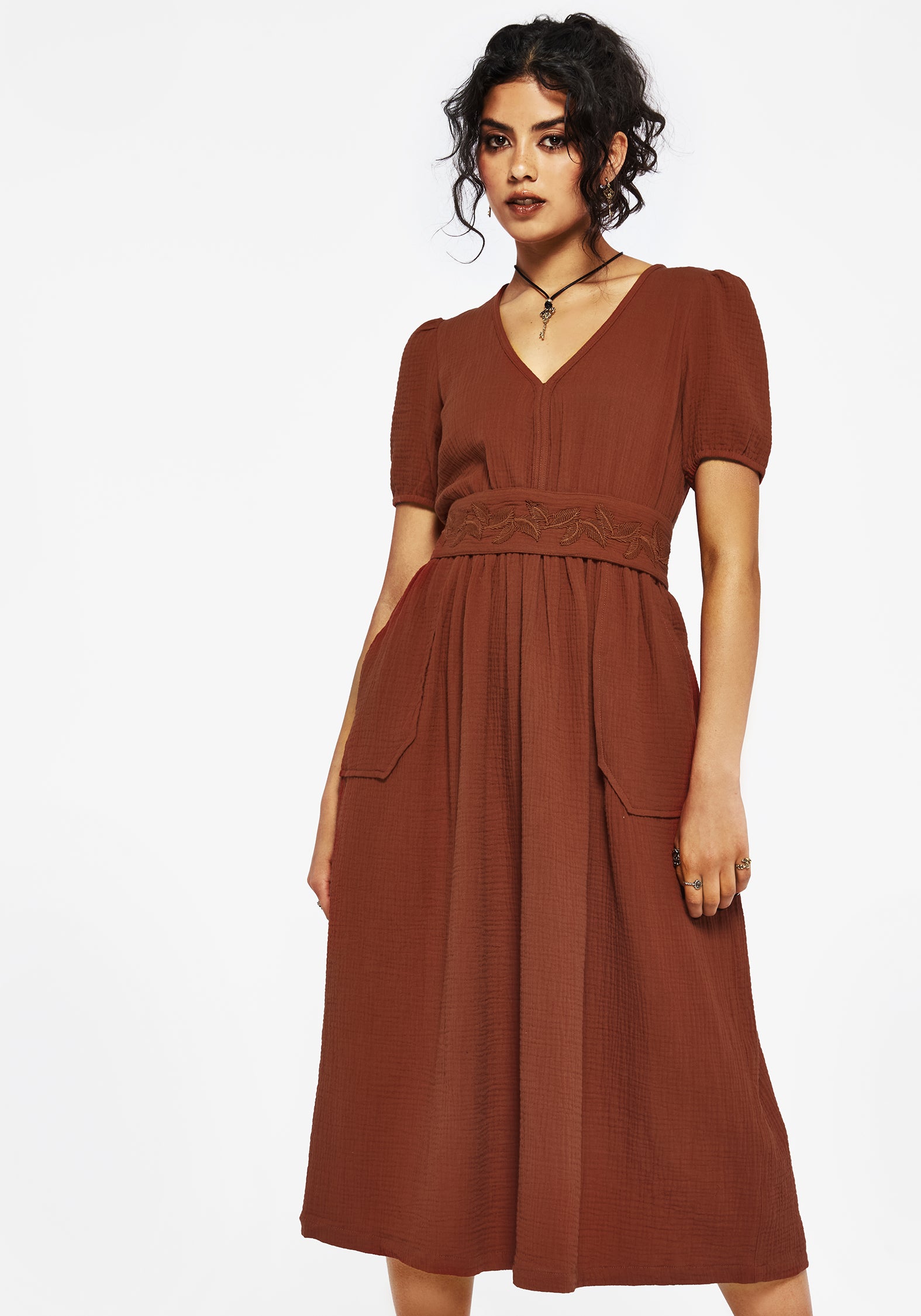Burnt Orange Cotton Midi Dress with Fern Applique & Pockets | Tiana