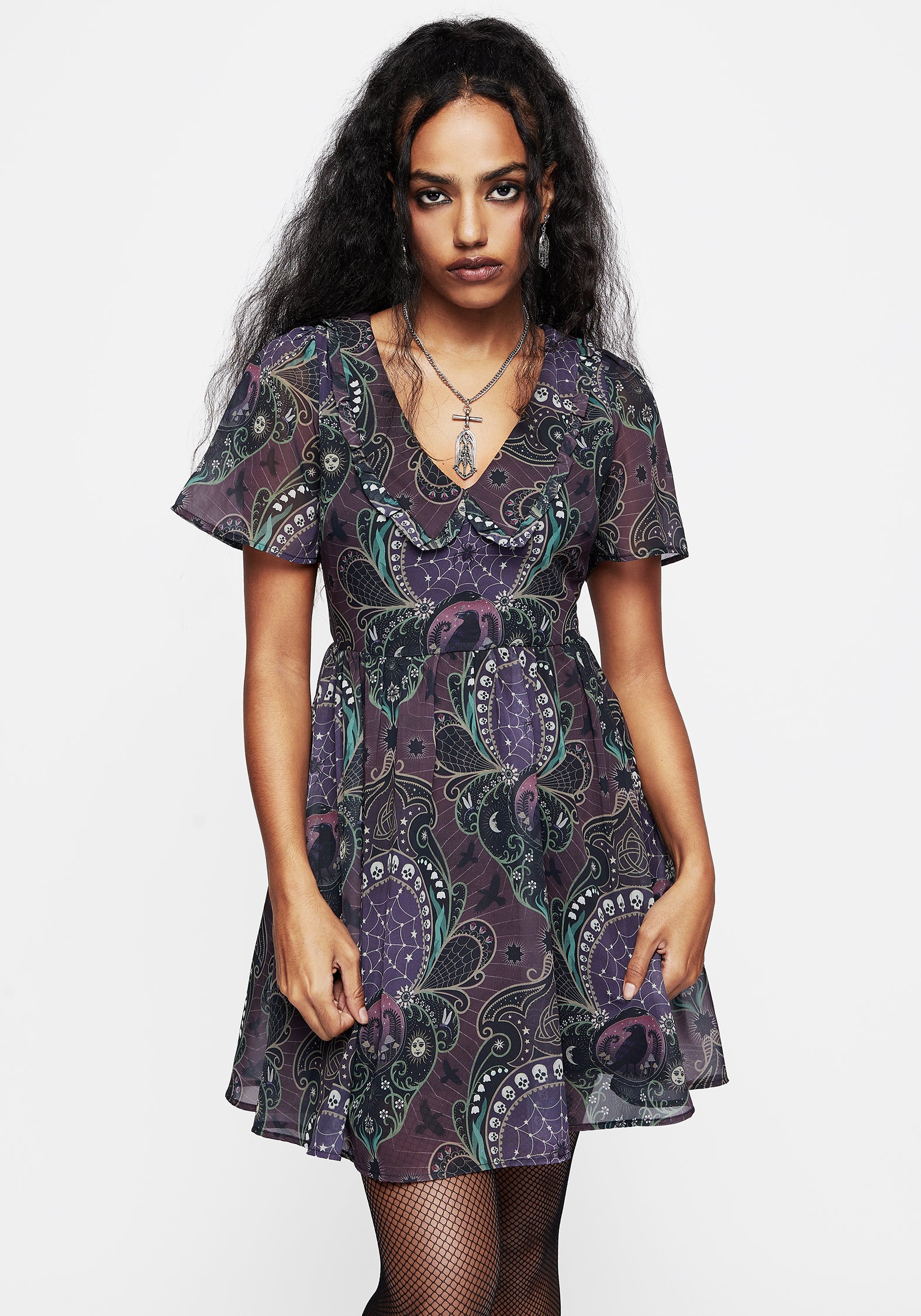 Gothic Print Chiffon Mini Dress with Frill Collar | Clarette