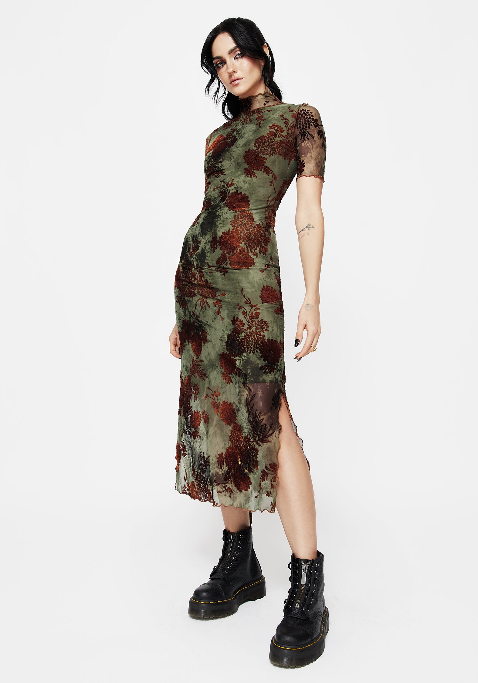 Green Velour Mesh Dress with Flocking | Rosaleigh Midaxi