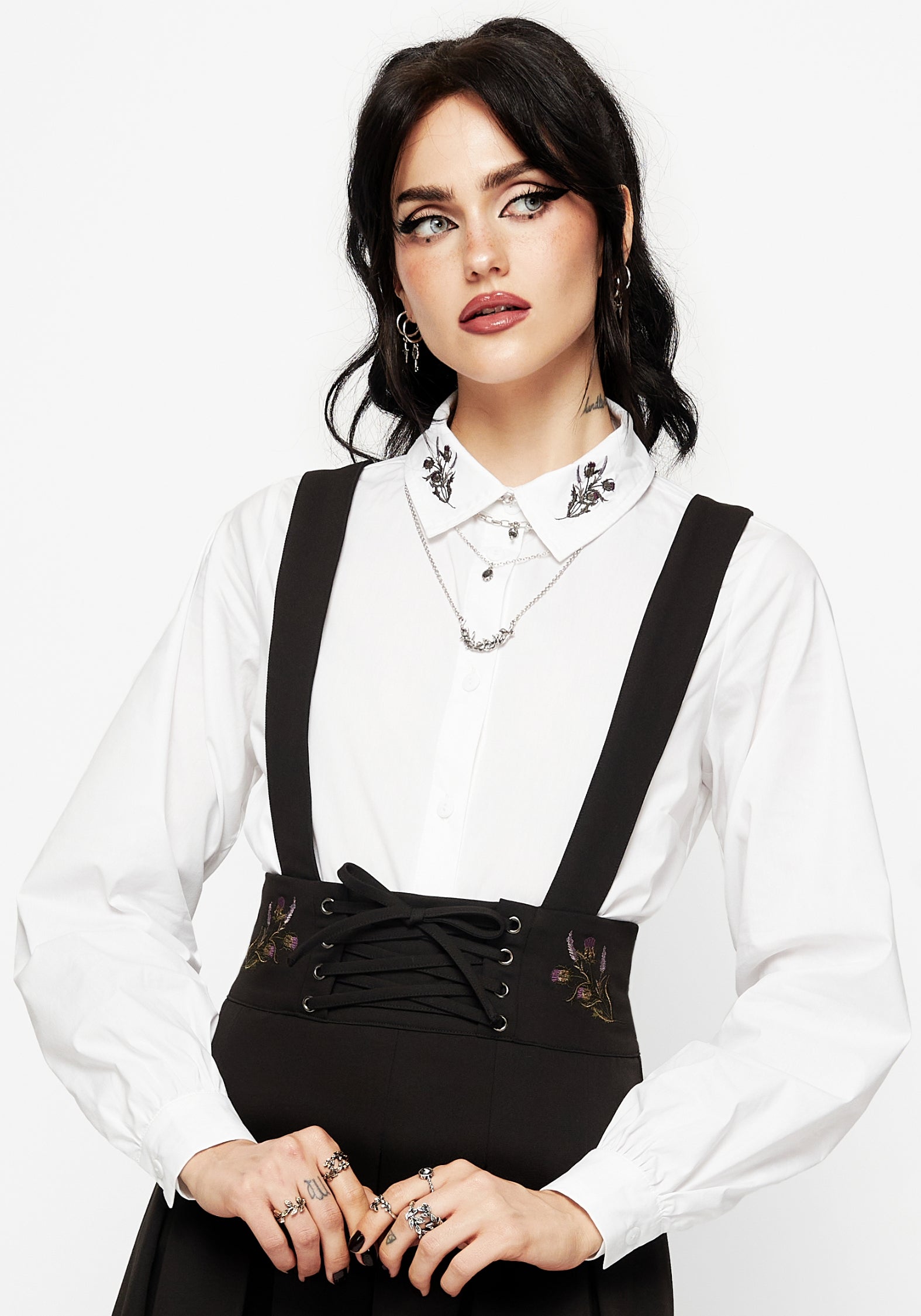 White Cotton Embroidered Button Up Shirt with Thistle Design | Long Sleeves