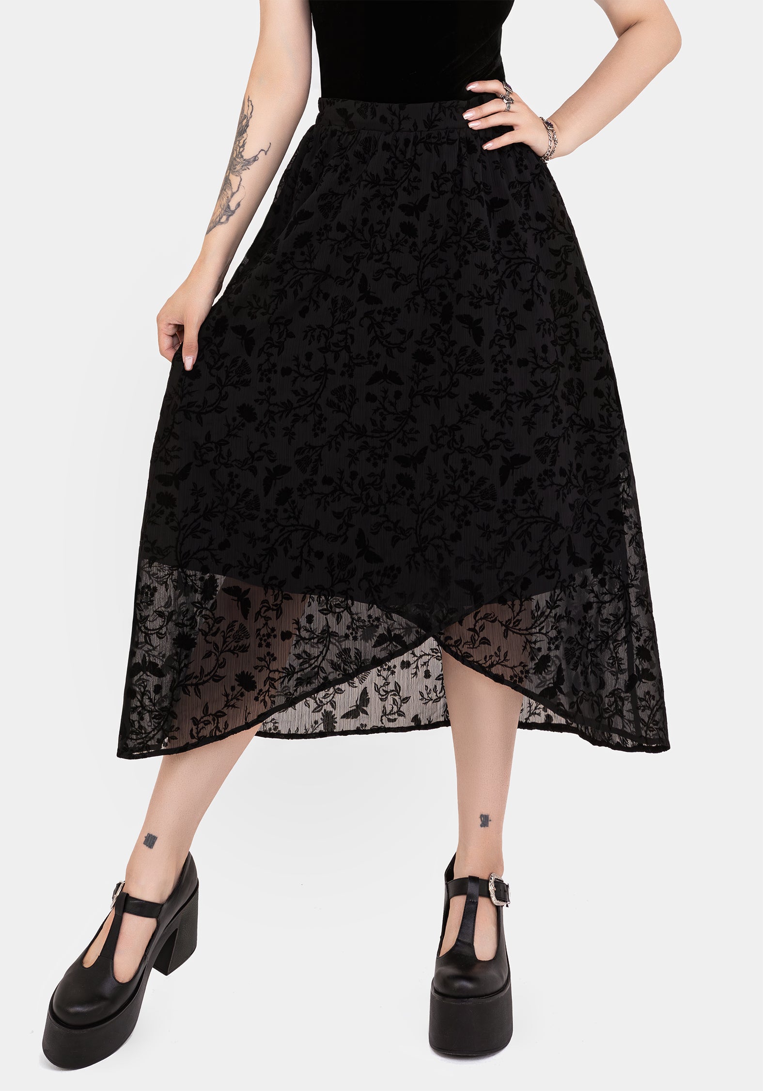 Flocked Chiffon Mock Wrap Skirt with Handkerchief Hem | Faustina