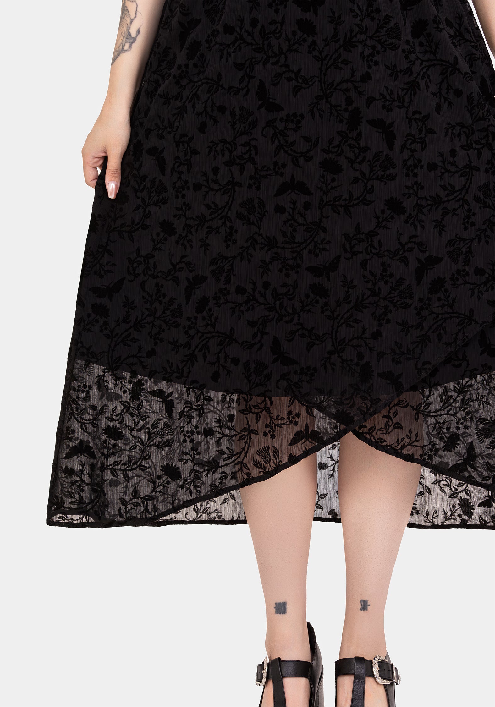 Flocked Chiffon Mock Wrap Skirt with Handkerchief Hem | Faustina