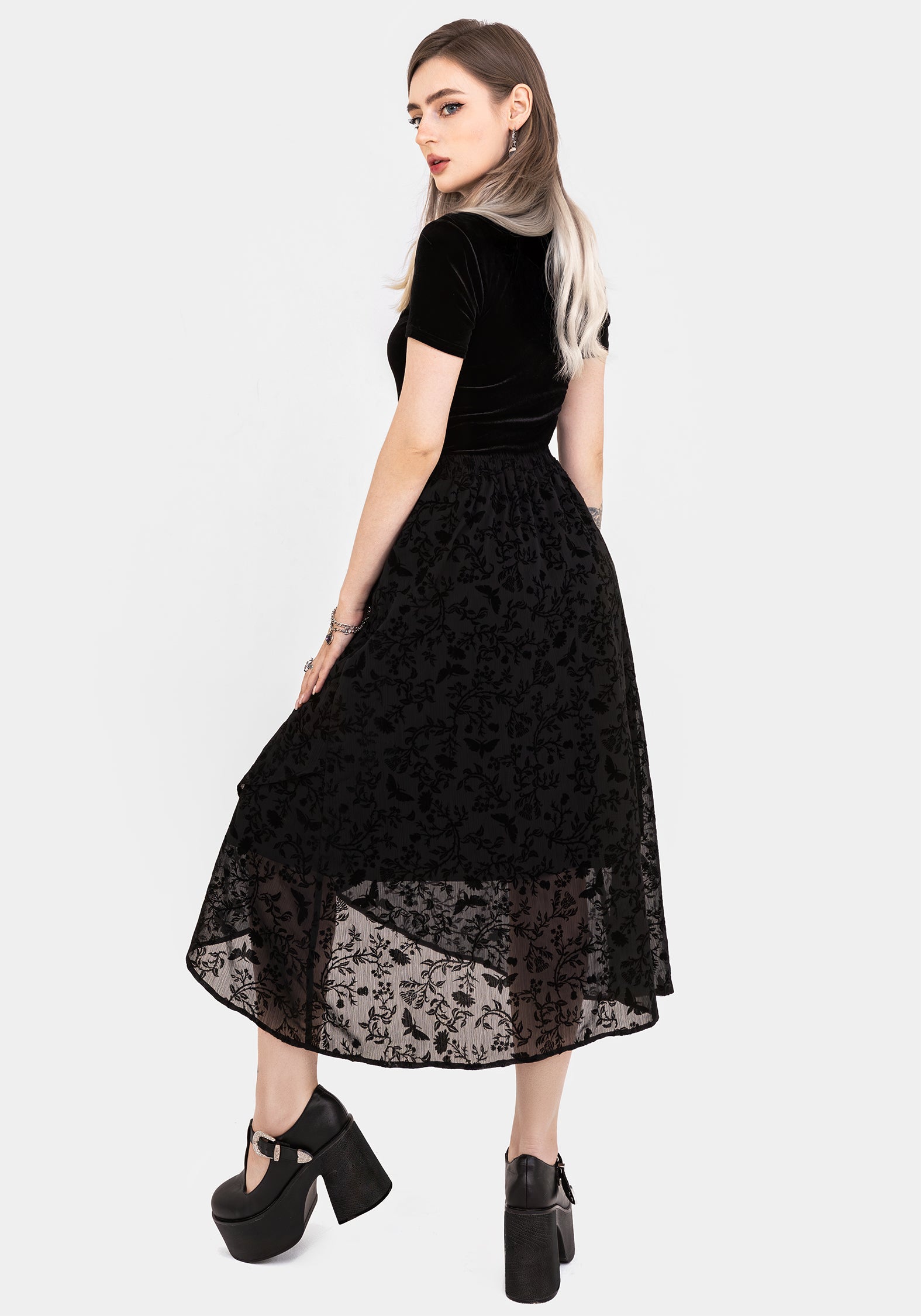 Flocked Chiffon Mock Wrap Skirt with Handkerchief Hem | Faustina