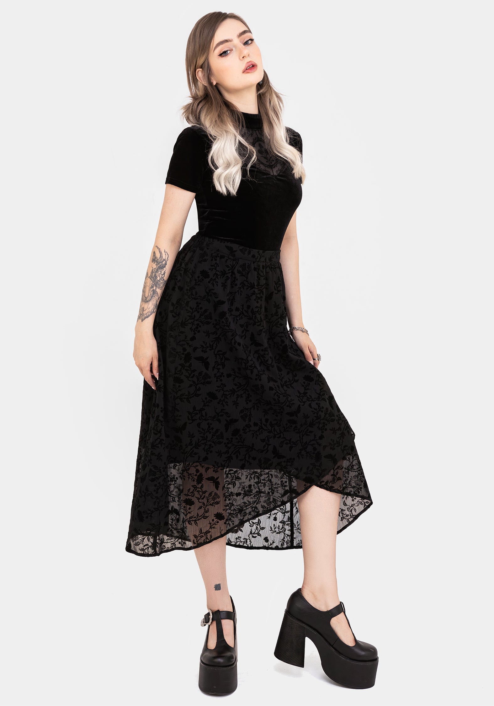 Flocked Chiffon Mock Wrap Skirt with Handkerchief Hem | Faustina