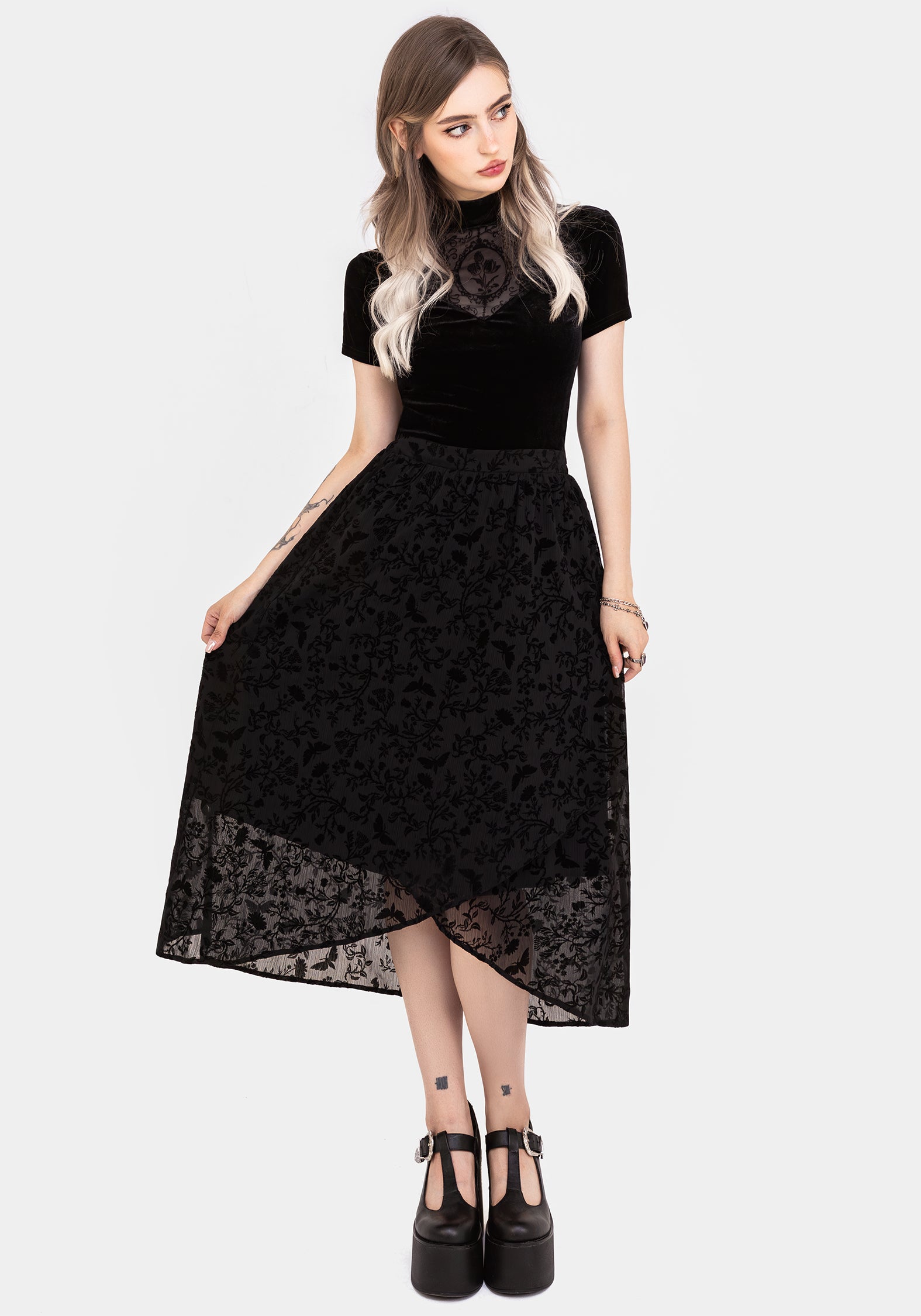 Flocked Chiffon Mock Wrap Skirt with Handkerchief Hem | Faustina