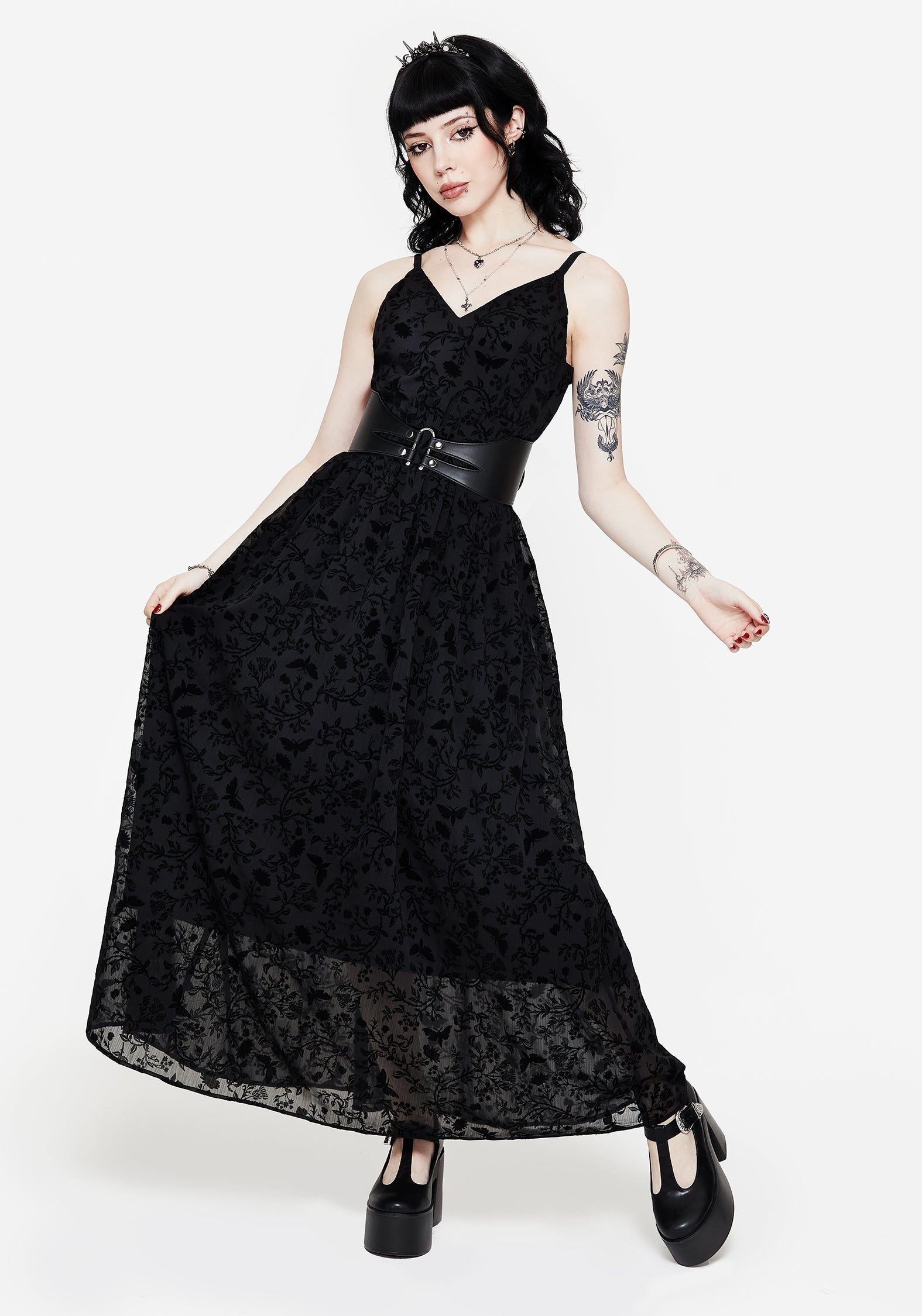 Flocked Chiffon Maxi Dress with Adjustable Straps & V-Neck | Faustina