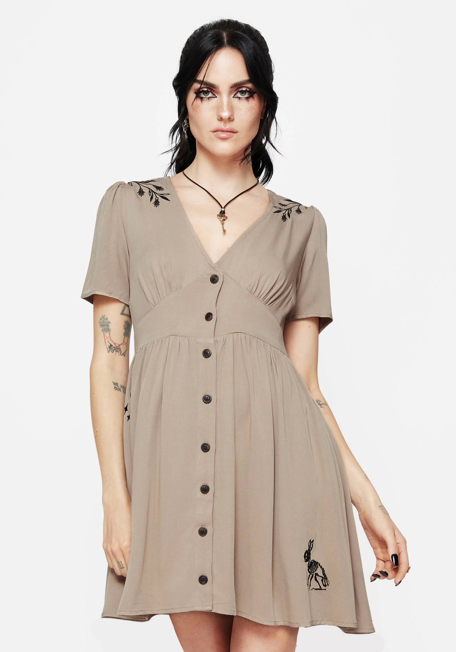 Embroidered Mini Dress with Button Front & Pockets | Hester