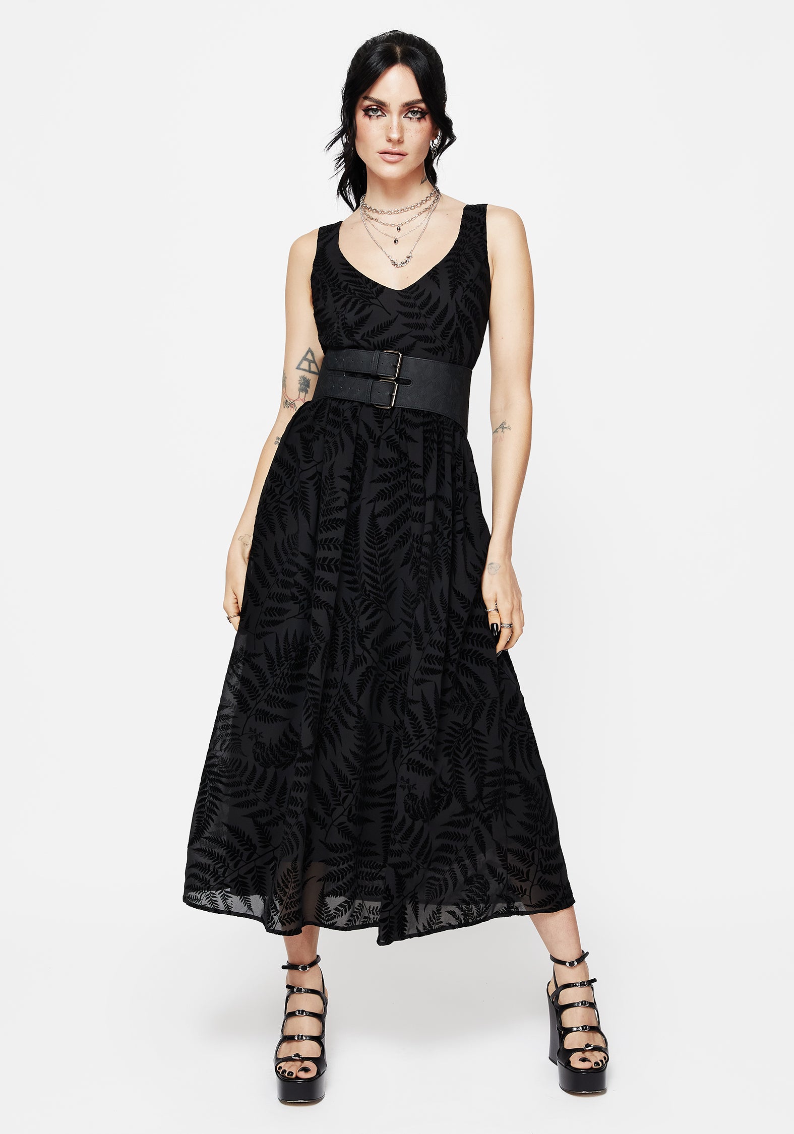 Black Fern Print Cami Dress | Midaxi Length & V-Neck | Lunafern