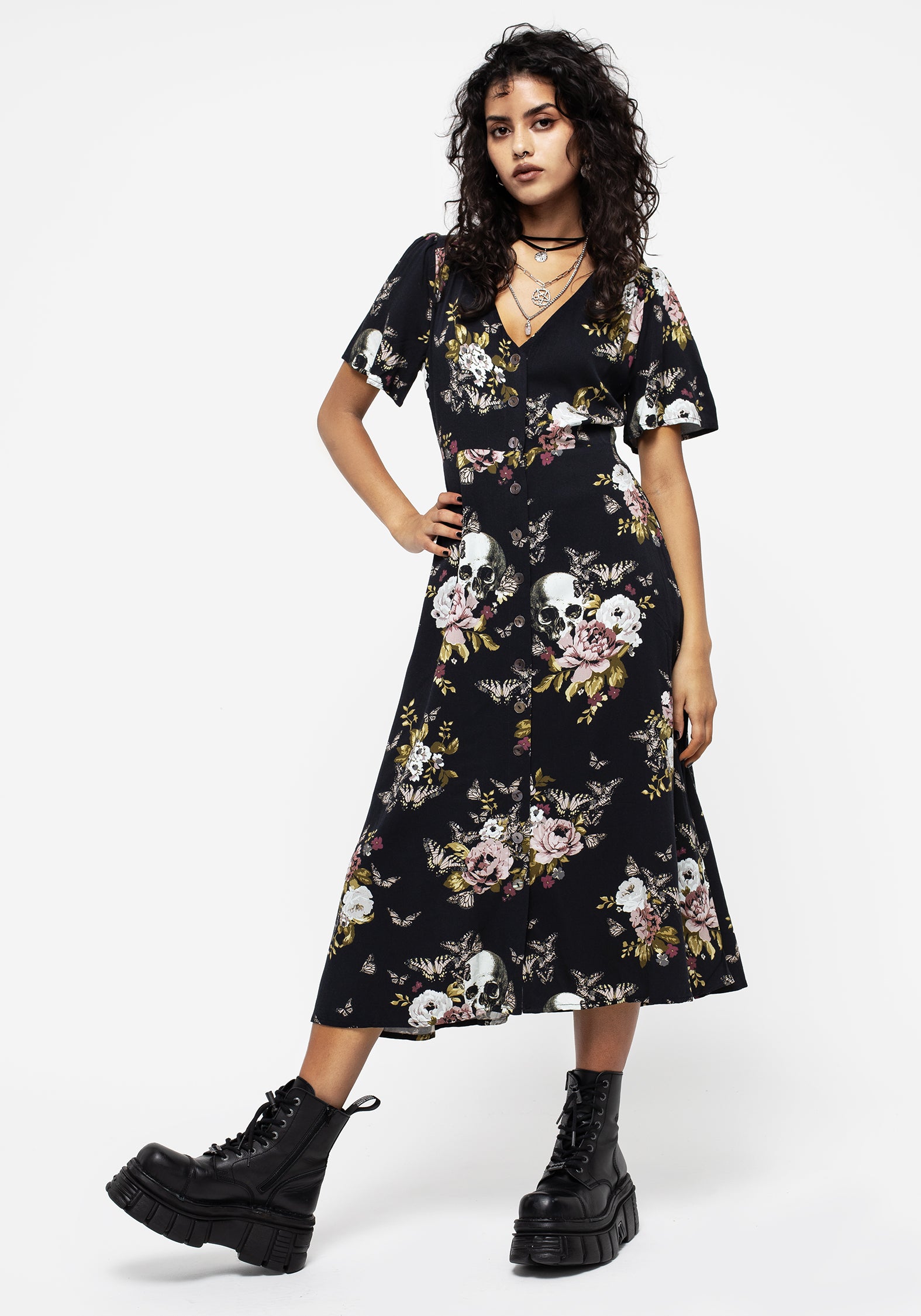 Floral V-Neck Button Up Midi Dress with Split Skirt | Revival
