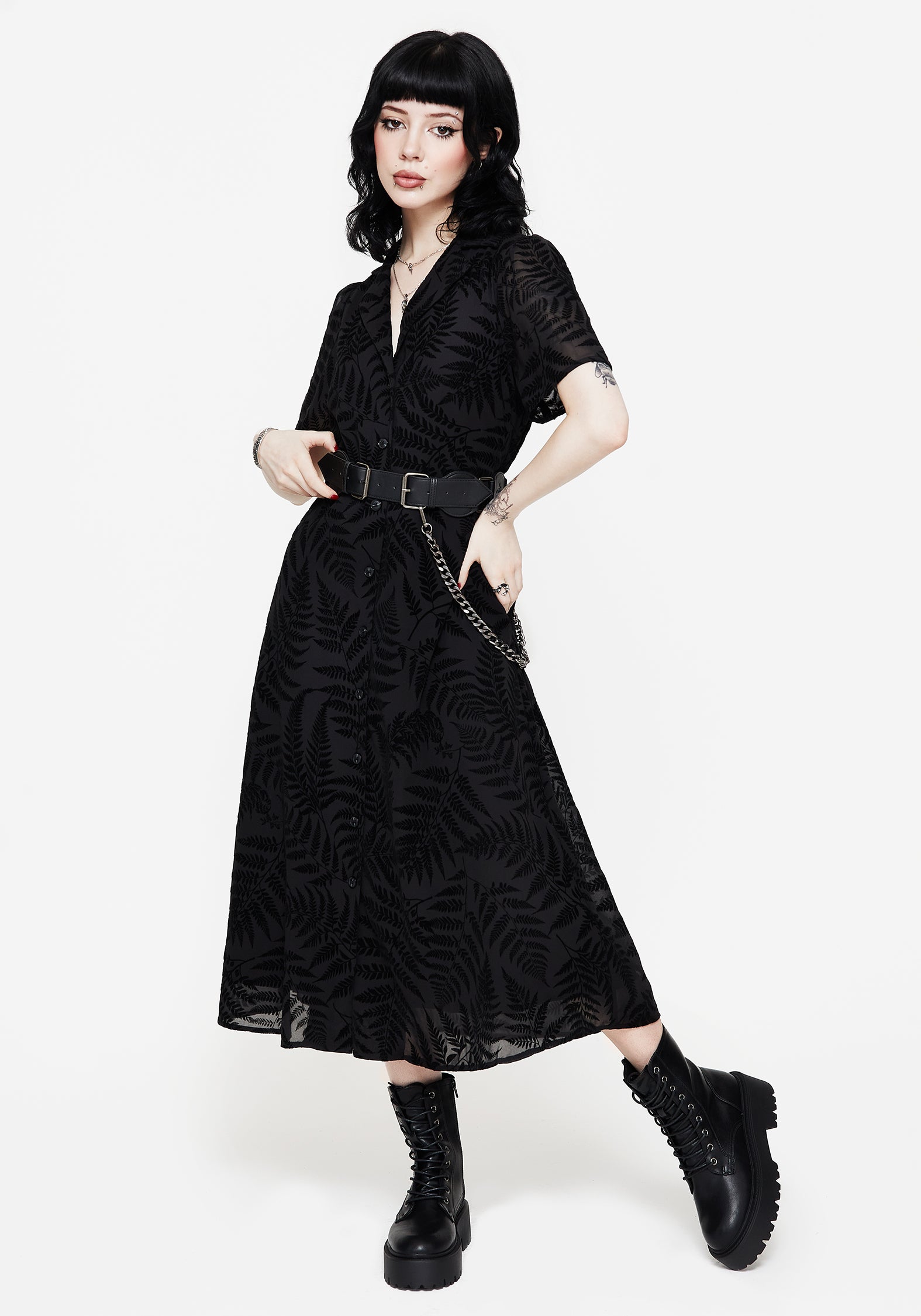 Fern Print Midi Shirt Dress with Belt & Pockets | Lunafern