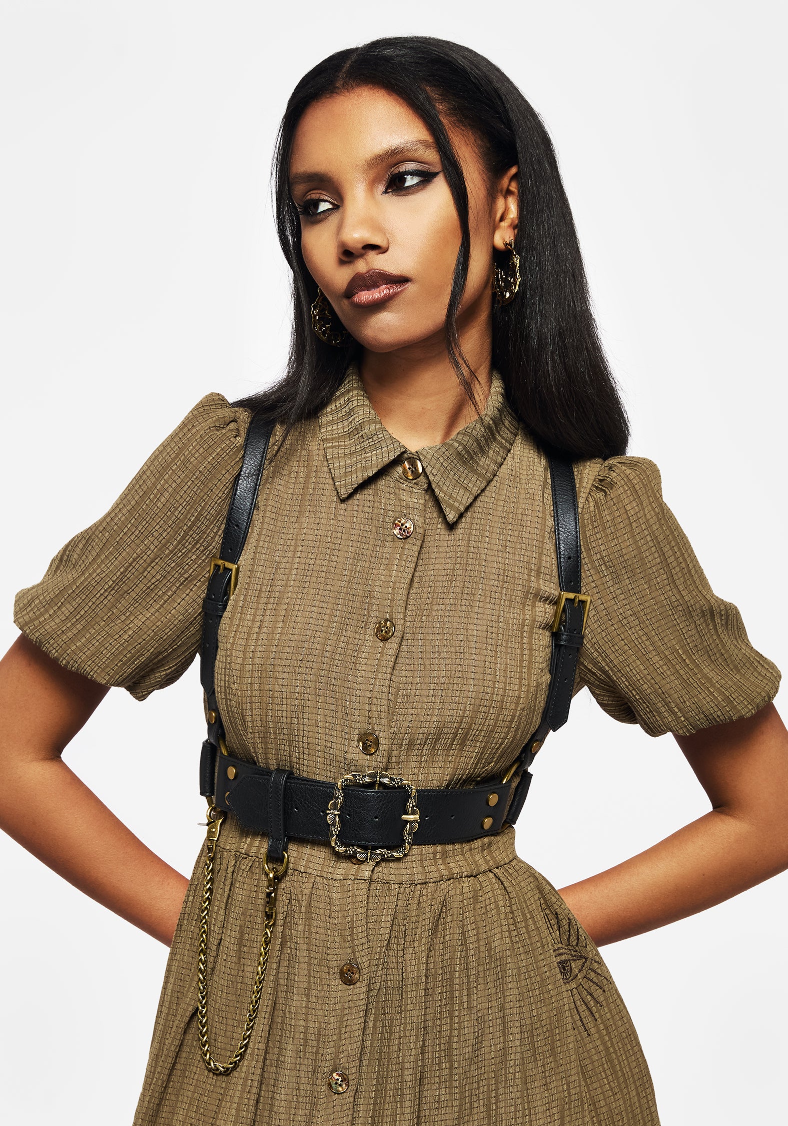 Faux Leather Buckle Harness with Brass Chain | Elder