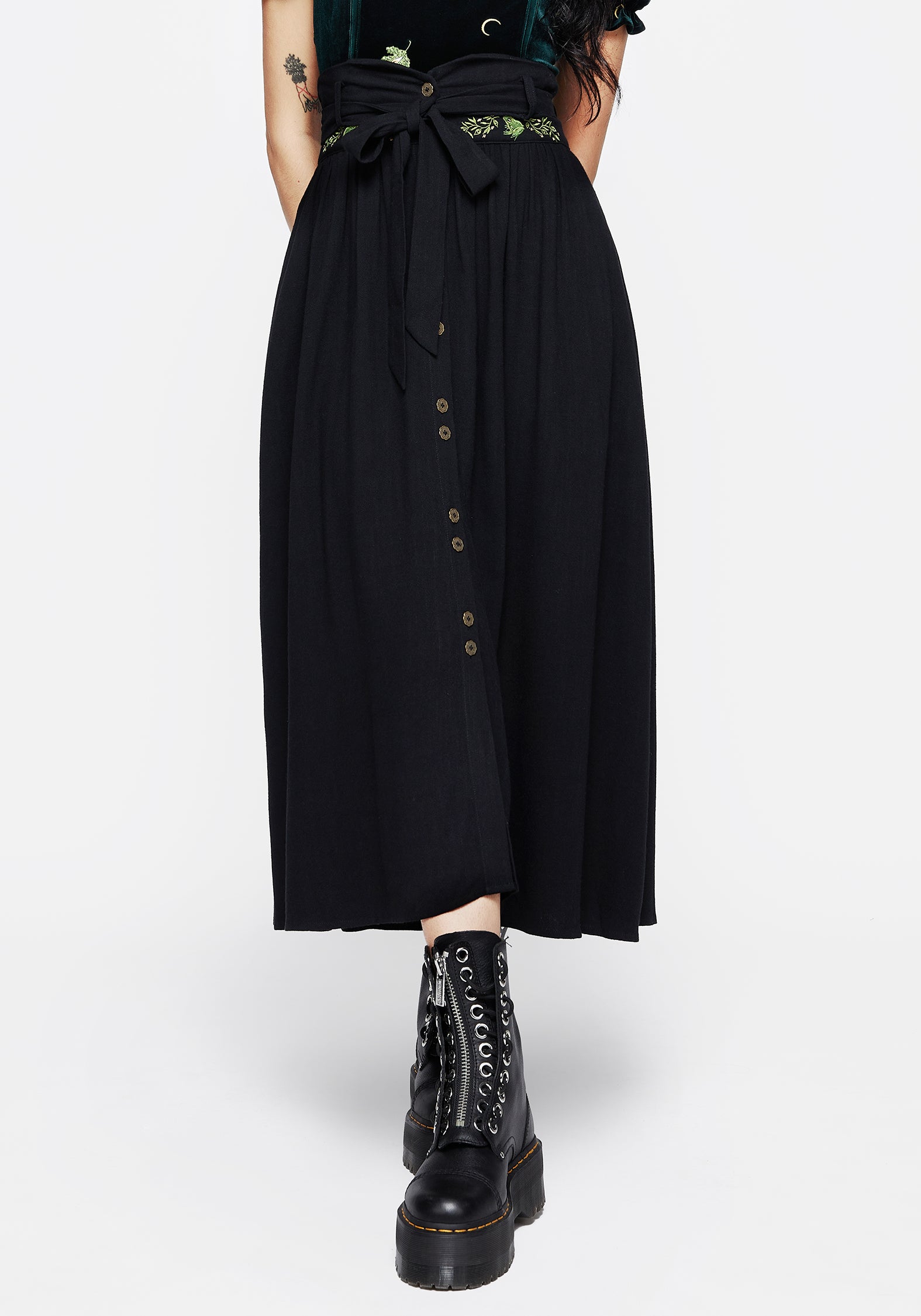 Embroidered Linen Blend High Waist Skirt with Frog Design | Swamplife