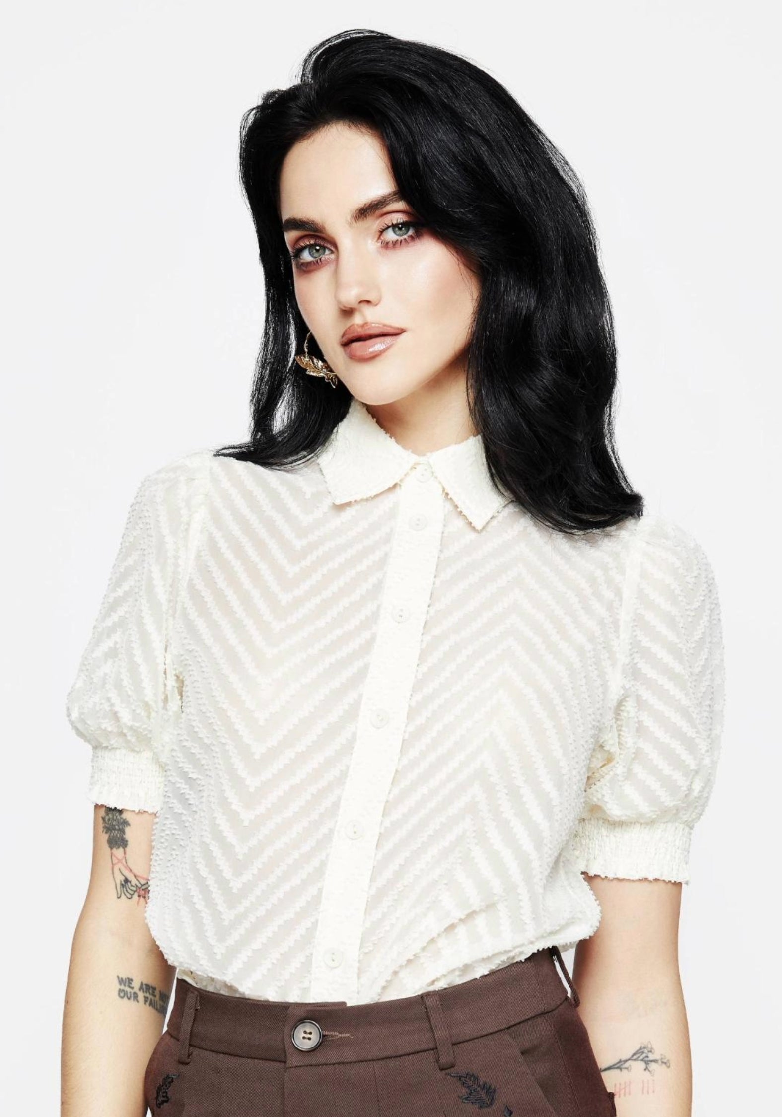 Sheer White Chevron Button-Up Blouse with Puff Sleeves | Brianne