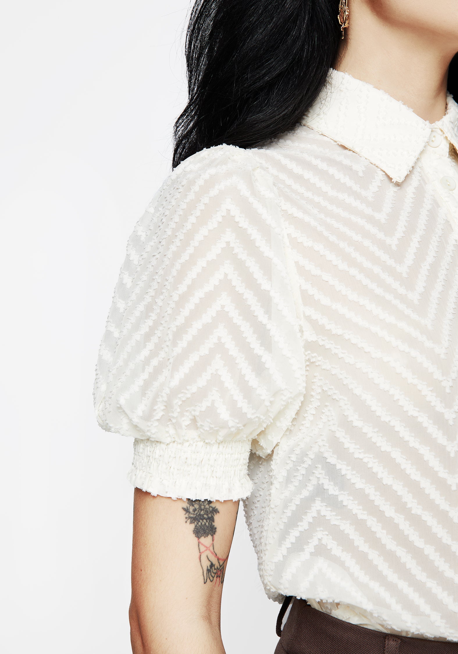 Sheer White Chevron Button-Up Blouse with Puff Sleeves | Brianne